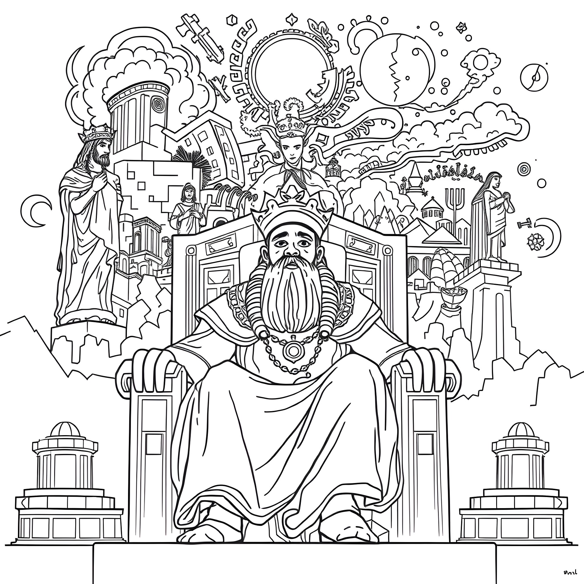 Nebuchadnezzar's Cosmic Vision of Heavenly Realms Coloring Page (free black-and-white line drawing printable PDF for all, from beginners to advanced learners, including children, teens, adults, and seniors)