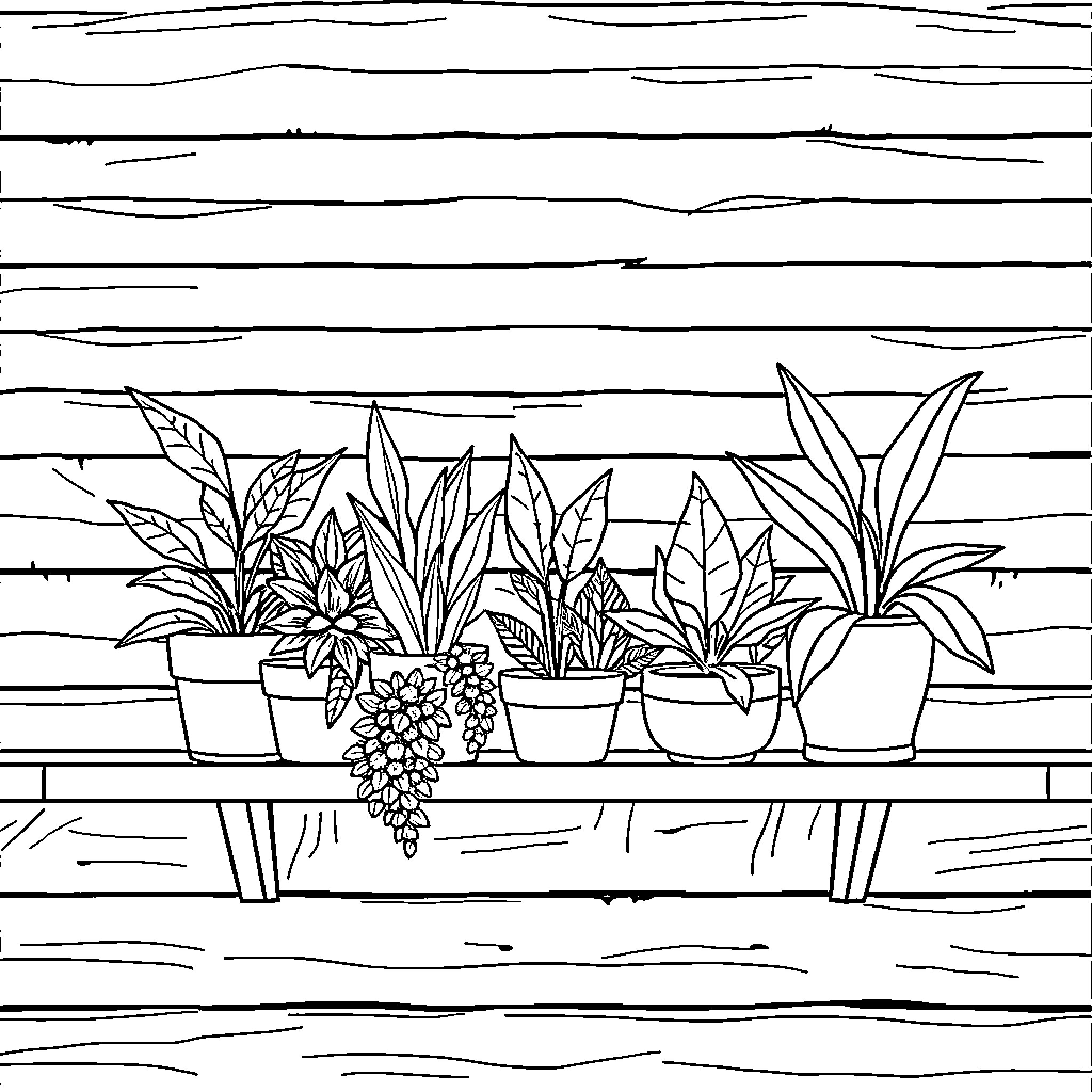 Plant Collection in Pots on Wooden Shelves Coloring Page (free black-and-white line drawing printable PDF for all, from beginners to advanced learners, including children, teens, adults, and seniors)