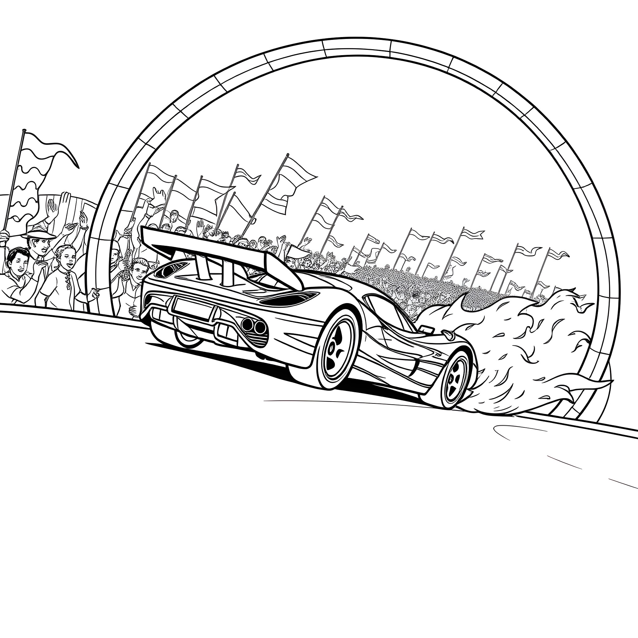 Racing Car Speeding Through City Streets Coloring Page (free black-and-white line drawing printable PDF for all, from beginners to advanced learners, including children, teens, adults, and seniors)