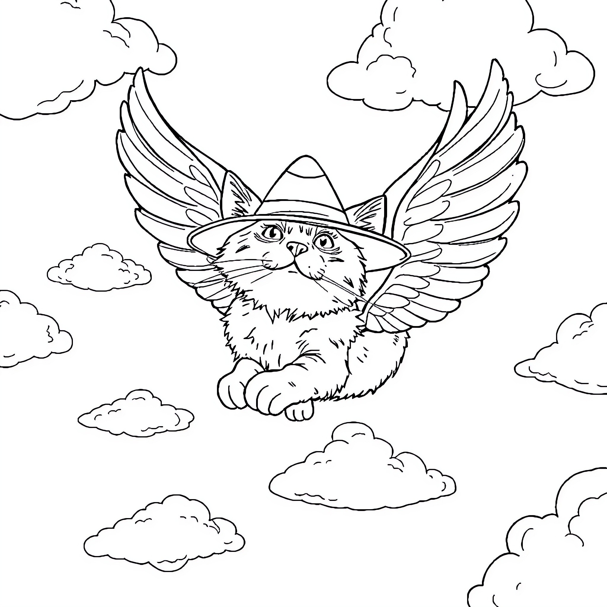Cat with wings soaring in the sky Coloring Page (free black-and-white line drawing printable PDF for all, from beginners to advanced learners, including children, teens, adults, and seniors)
