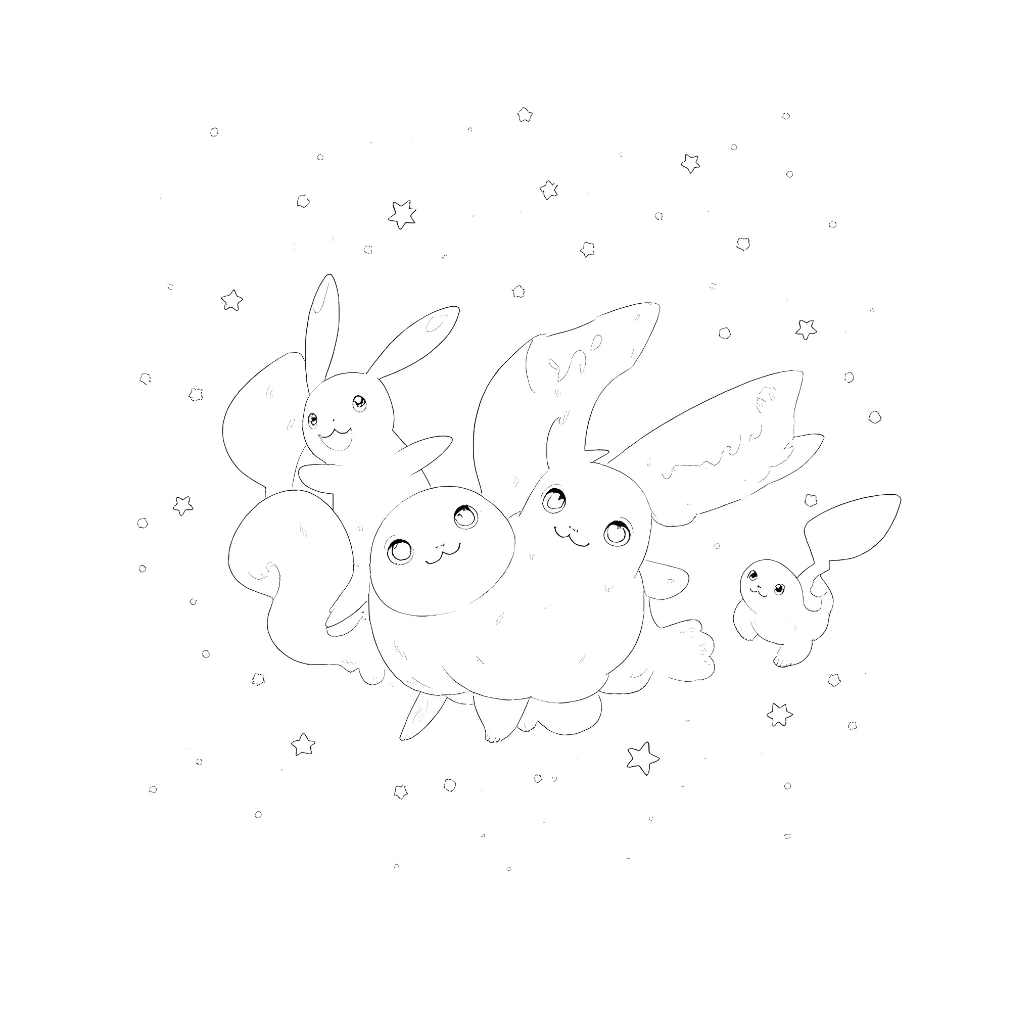 Pokémon playing happily with stars in the night Coloring Page (free black-and-white line drawing printable PDF for all, from beginners to advanced learners, including children, teens, adults, and seniors)