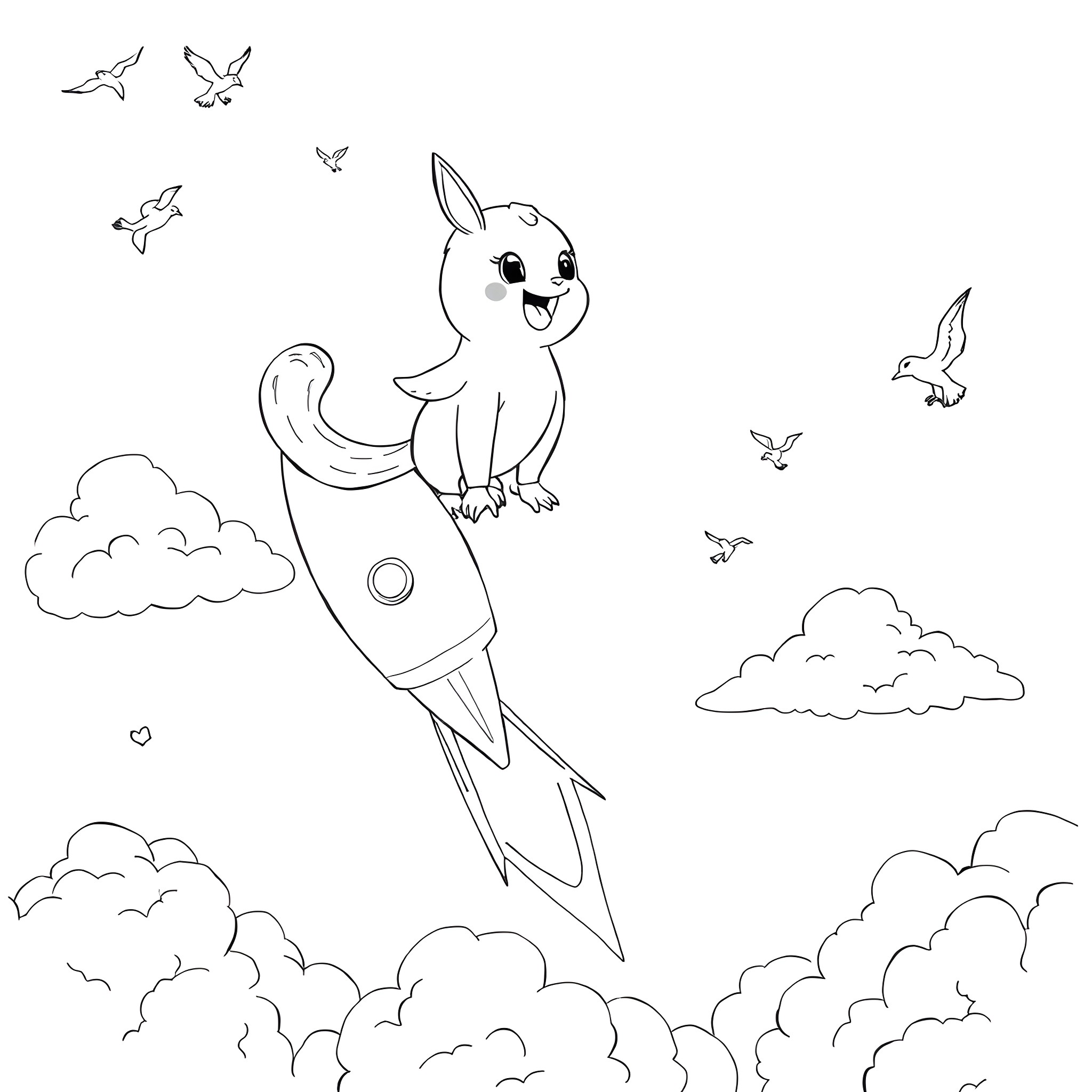 Massupilami flying joyfully with birds in the sky Coloring Page (free black-and-white line drawing printable PDF for all, from beginners to advanced learners, including children, teens, adults, and seniors)