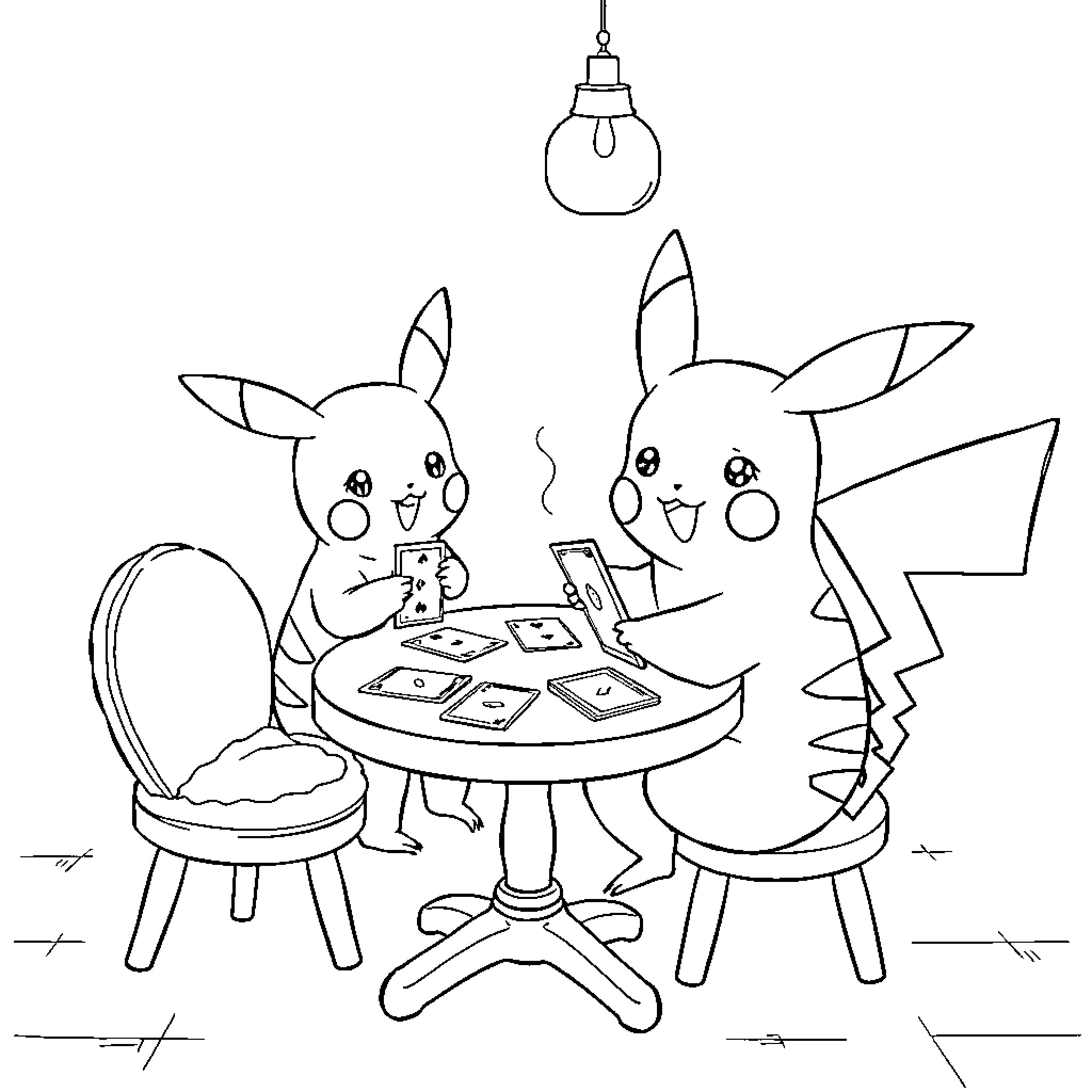 Pikachu enjoying a card game with friends Coloring Page (free black-and-white line drawing printable PDF for all, from beginners to advanced learners, including children, teens, adults, and seniors)