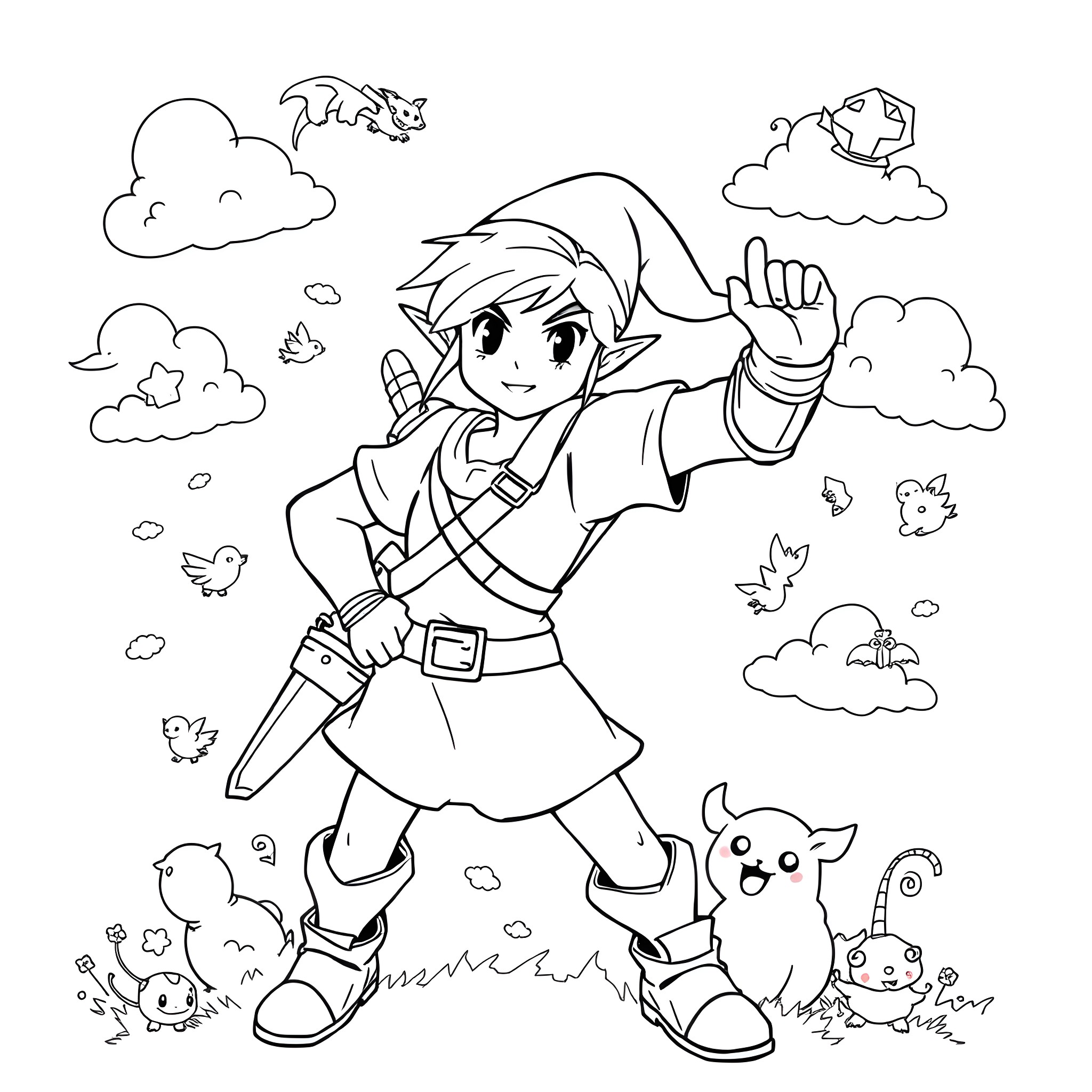 Link exploring the world with companions Coloring Page (free black-and-white line drawing printable PDF for all, from beginners to advanced learners, including children, teens, adults, and seniors)