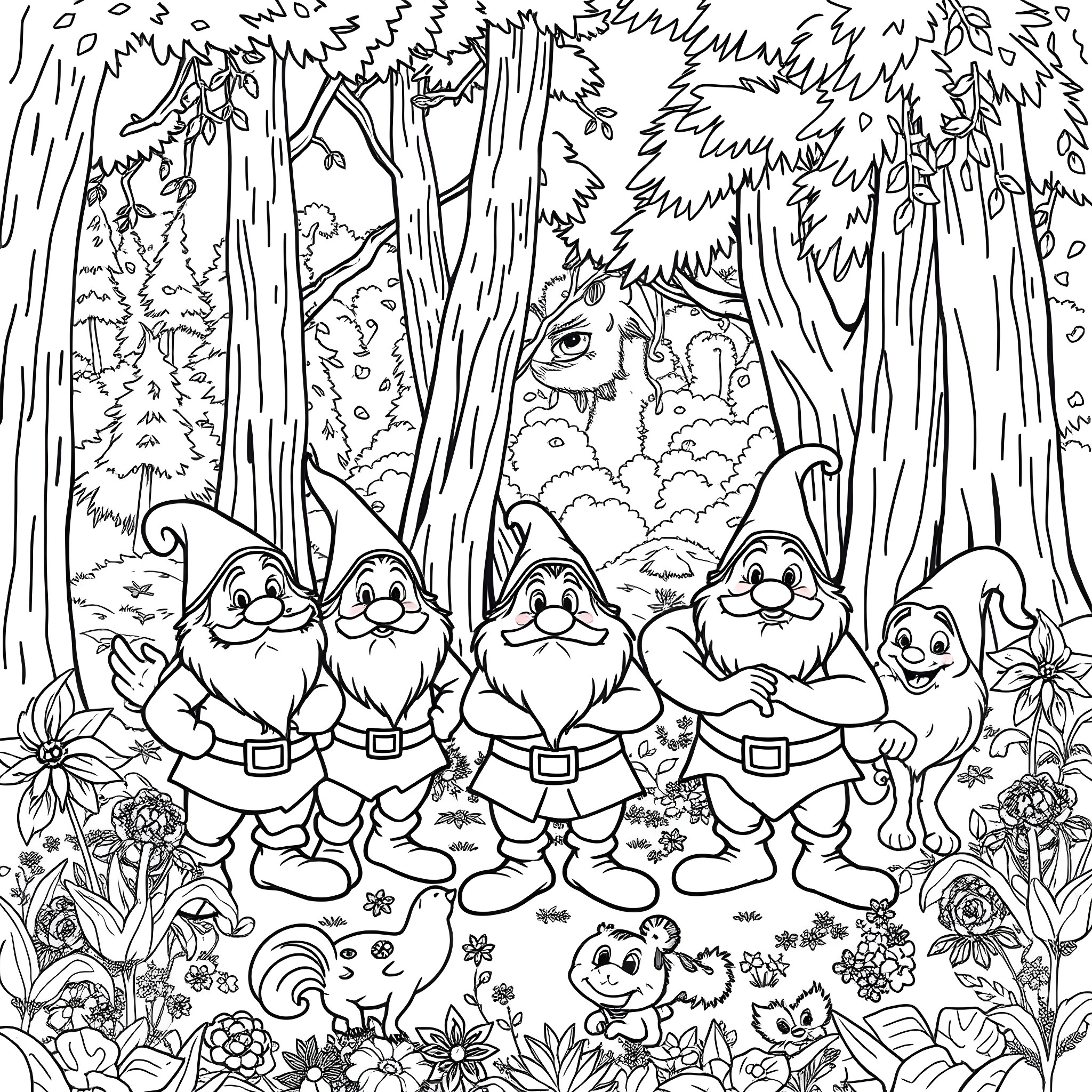 Dwarf companions exploring the enchanted forest Coloring Page (free black-and-white line drawing printable PDF for all, from beginners to advanced learners, including children, teens, adults, and seniors)