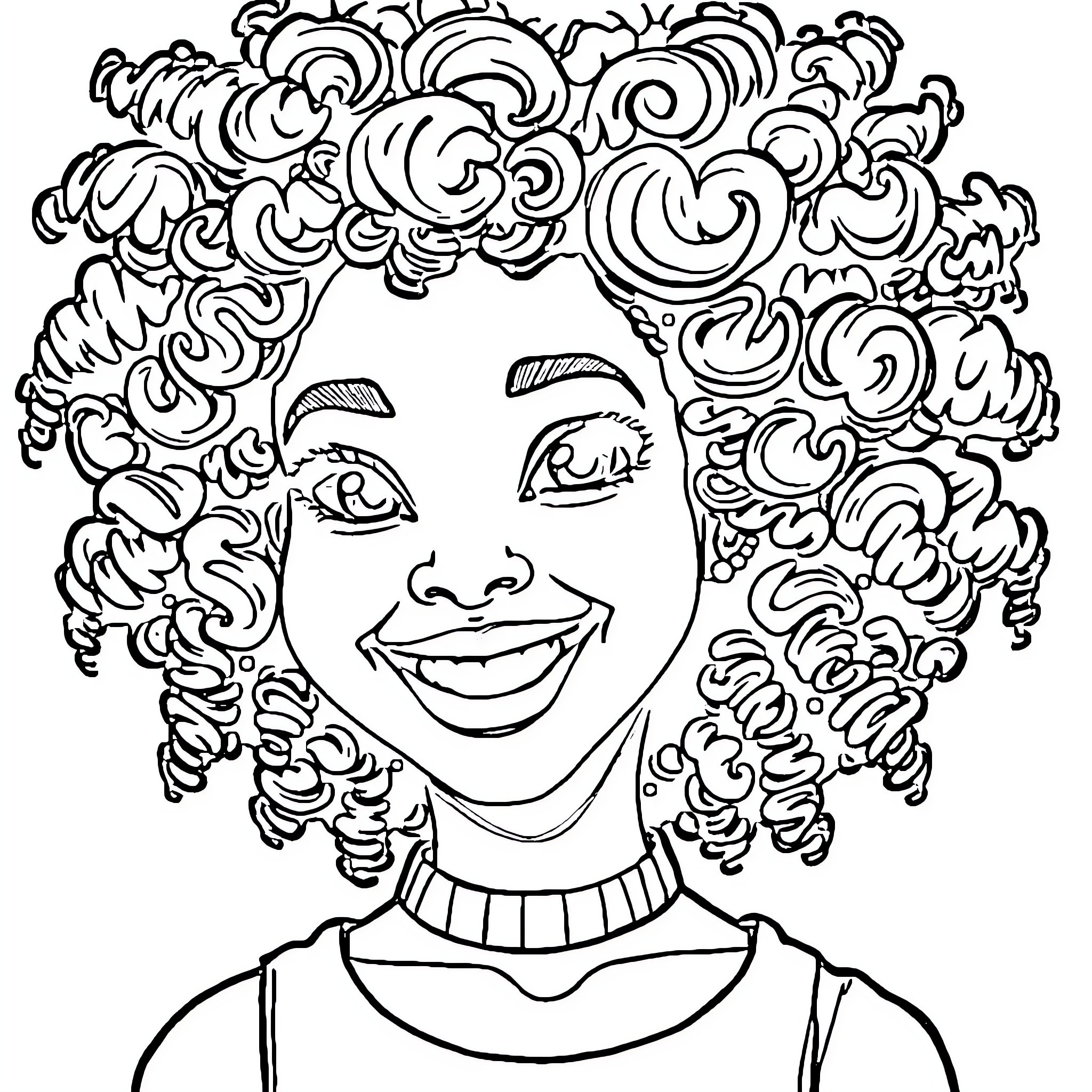 Girl with Curly Hair and Cheerful Expression Coloring Page (free black-and-white line drawing printable PDF for all, from beginners to advanced learners, including children, teens, adults, and seniors)