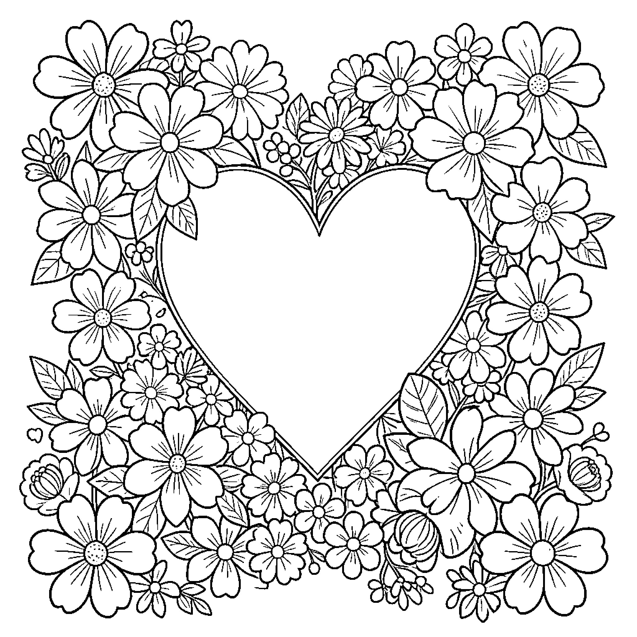 Heart framed by delicate floral blooms Coloring Page (free black-and-white line drawing printable PDF for all, from beginners to advanced learners, including children, teens, adults, and seniors)