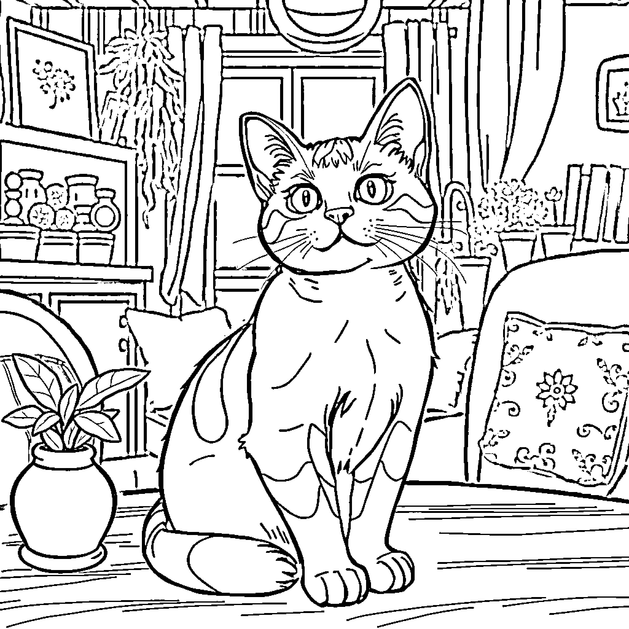 Cat exploring a cozy indoor scene Coloring Page (free black-and-white line drawing printable PDF for all, from beginners to advanced learners, including children, teens, adults, and seniors)