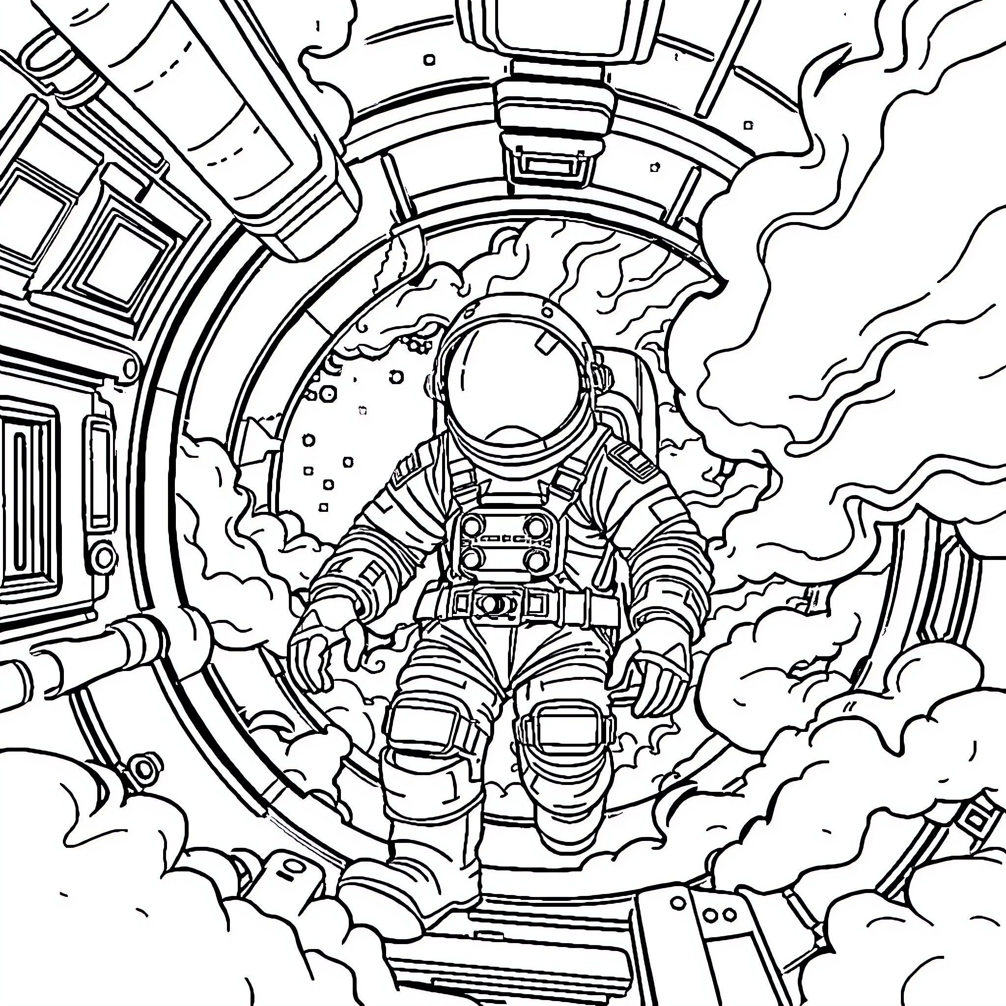Astronaut exploring the cosmos through the spacecraft window Coloring Page (free black-and-white line drawing printable PDF for all, from beginners to advanced learners, including children, teens, adults, and seniors)
