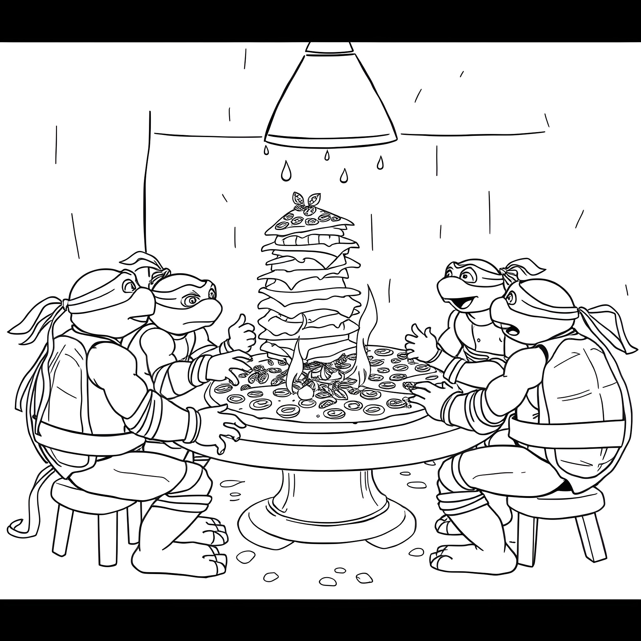Teenage Mutant Ninja Turtles enjoying a pizza feast Coloring Page (free black-and-white line drawing printable PDF for all, from beginners to advanced learners, including children, teens, adults, and seniors)