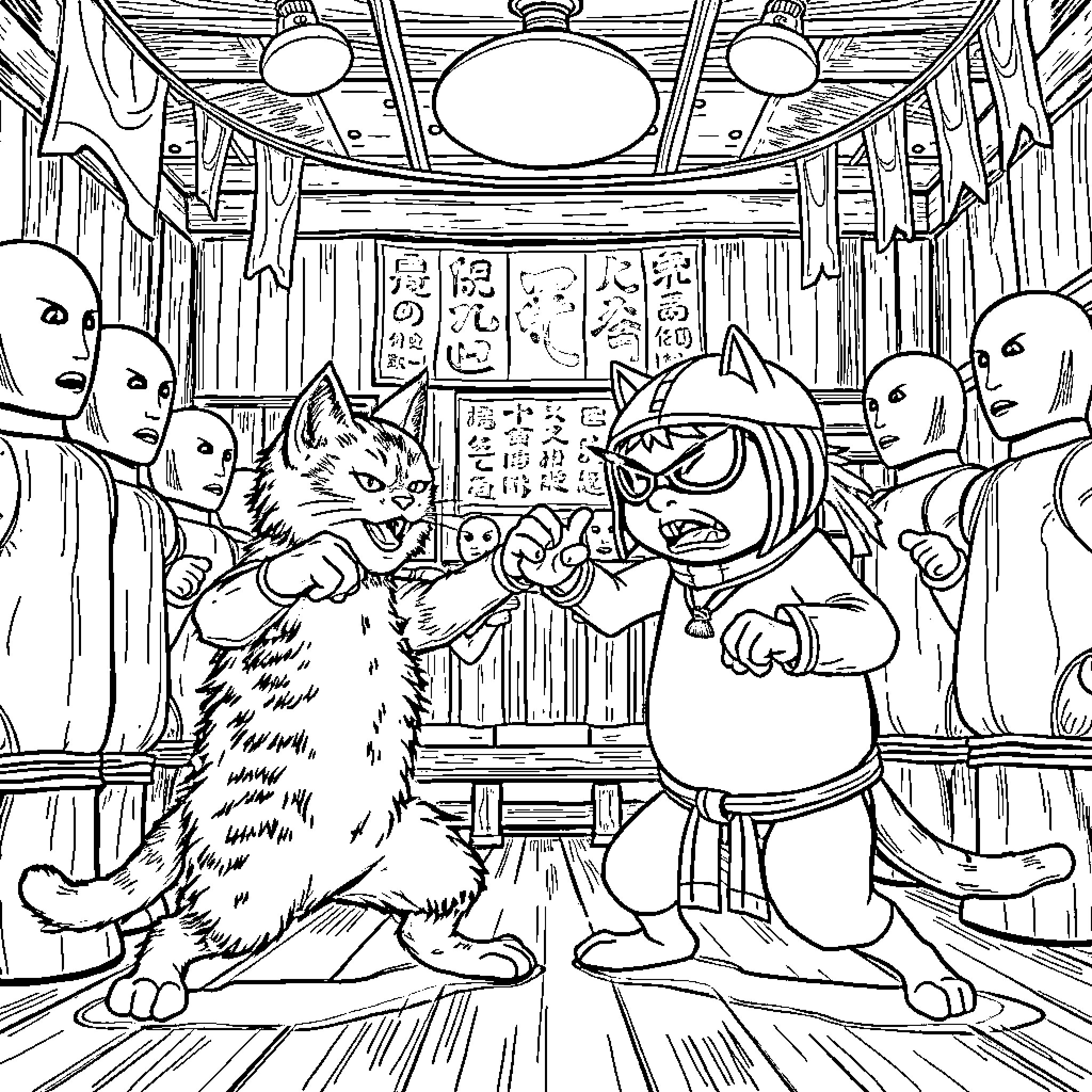 Cat confronting masked figures in traditional Japanese setting Coloring Page (free black-and-white line drawing printable PDF for all, from beginners to advanced learners, including children, teens, adults, and seniors)
