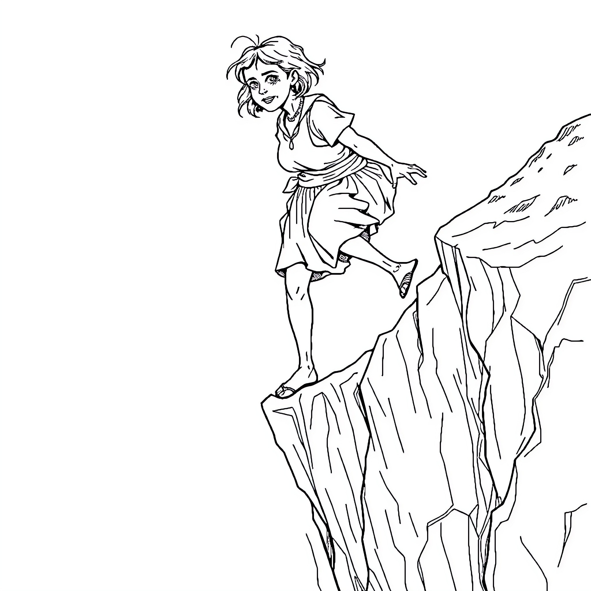 Woman exploring rocky mountain terrain Coloring Page (free black-and-white line drawing printable PDF for all, from beginners to advanced learners, including children, teens, adults, and seniors)