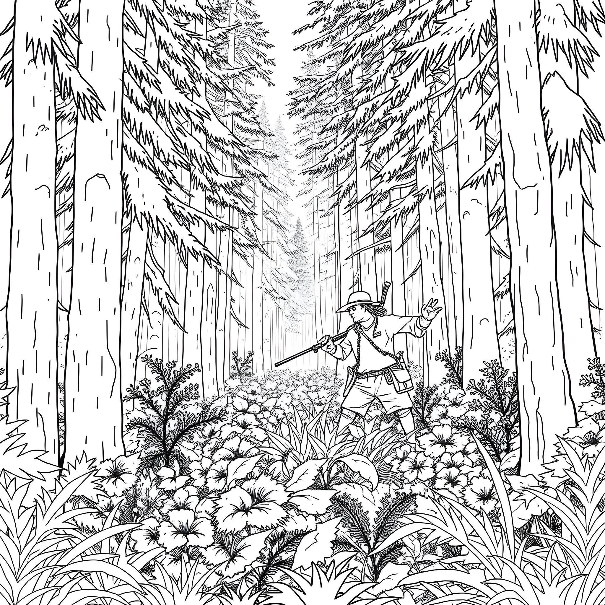 Cherokee Hunter exploring the lush forest wilderness Coloring Page (free black-and-white line drawing printable PDF for all, from beginners to advanced learners, including children, teens, adults, and seniors)
