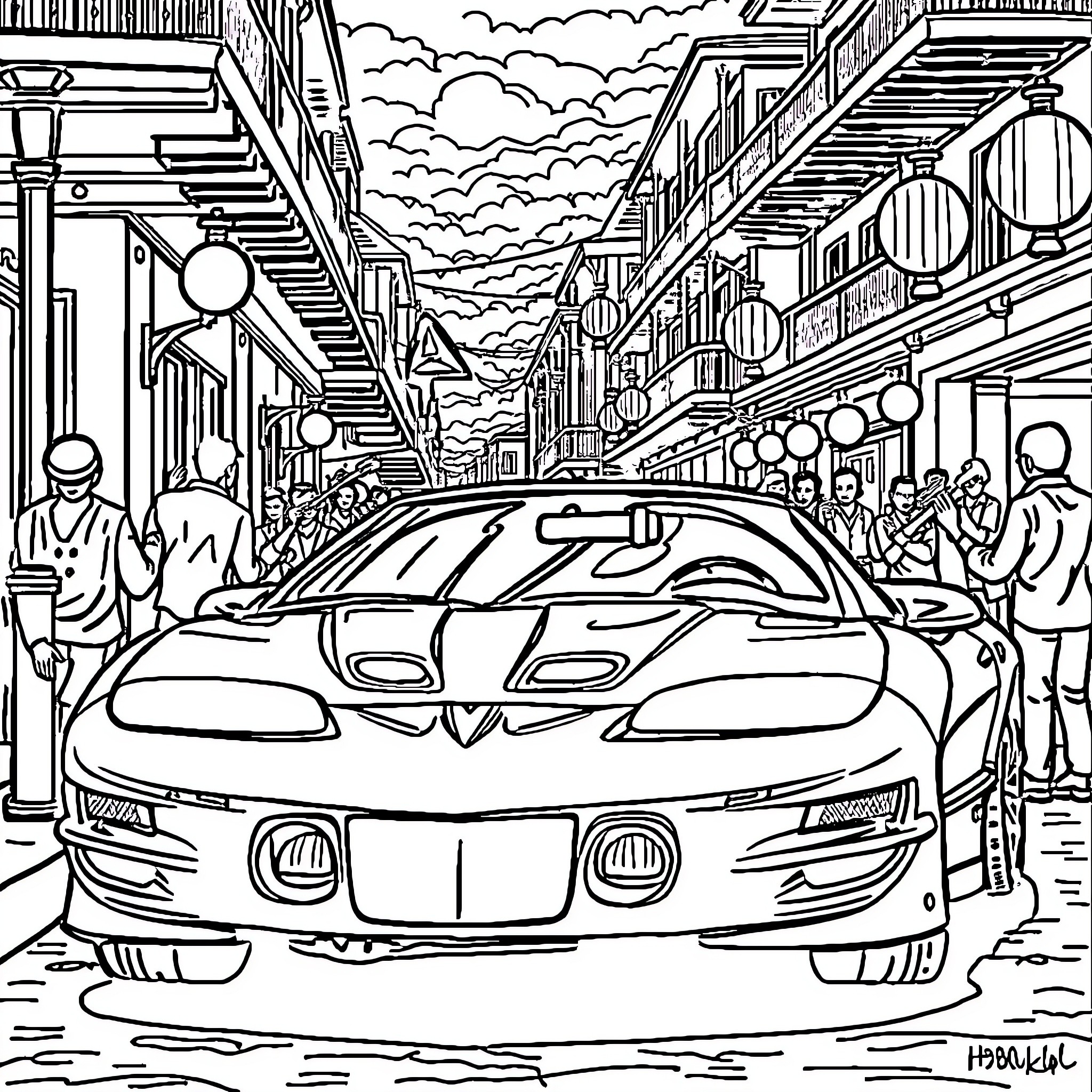 Transam Street Racing in a Bustling City Coloring Page (free black-and-white line drawing printable PDF for all, from beginners to advanced learners, including children, teens, adults, and seniors)