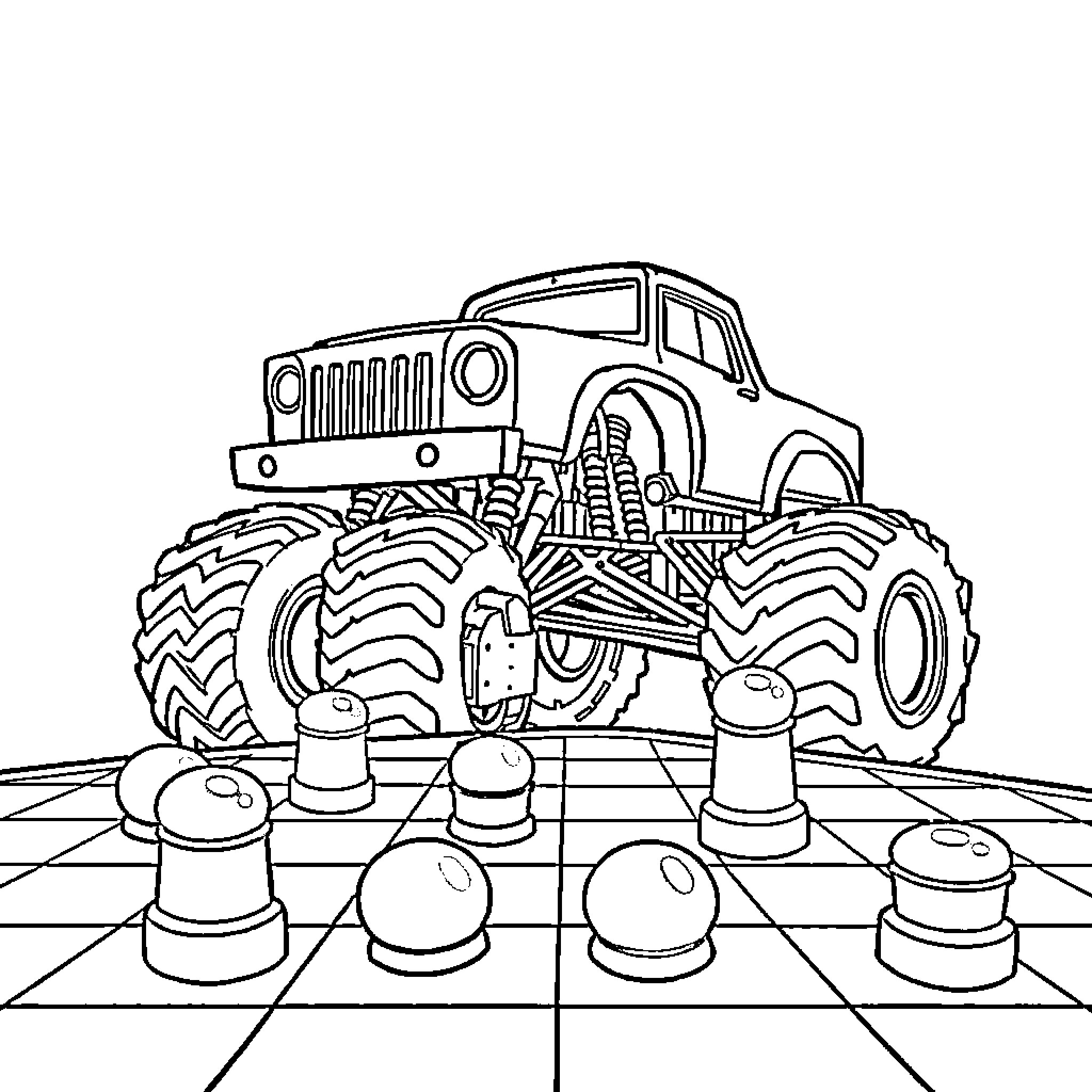 Monster Truck crushing obstacles on chessboard Coloring Page (free black-and-white line drawing printable PDF for all, from beginners to advanced learners, including children, teens, adults, and seniors)