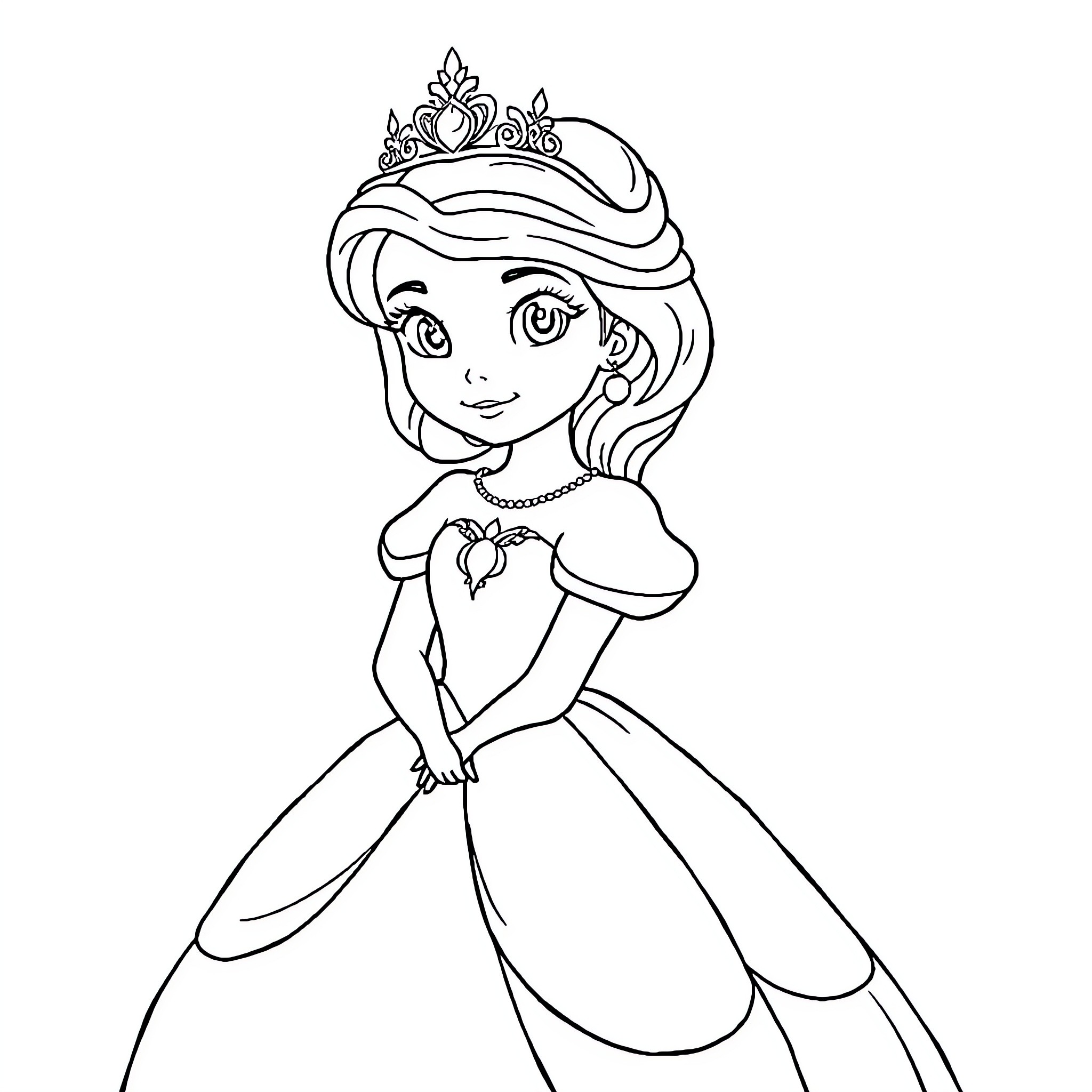 Princess Sofia in a Regal Gown and Crown Coloring Page (free black-and-white line drawing printable PDF for all, from beginners to advanced learners, including children, teens, adults, and seniors)