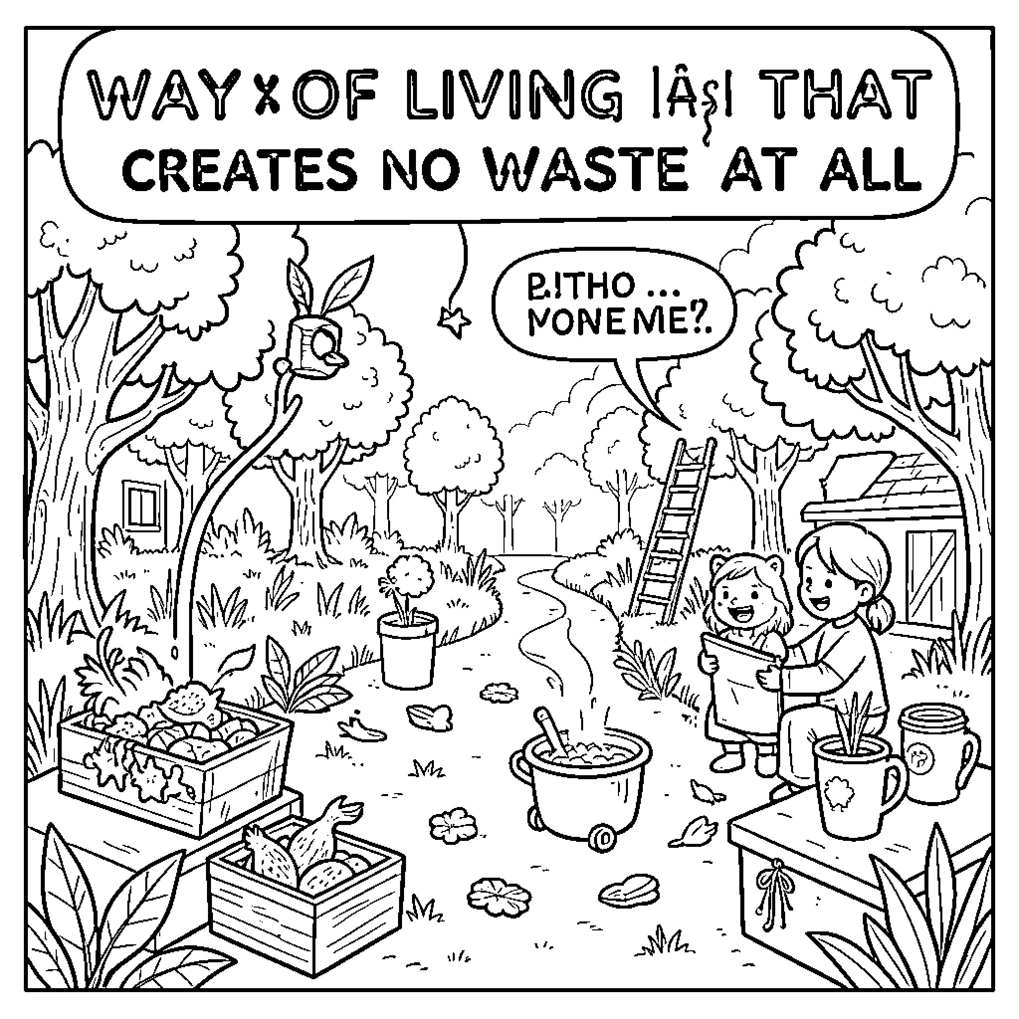 Waste-Free Living Promotes Sustainable Practices Coloring Page (free black-and-white line drawing printable PDF for all, from beginners to advanced learners, including children, teens, adults, and seniors)