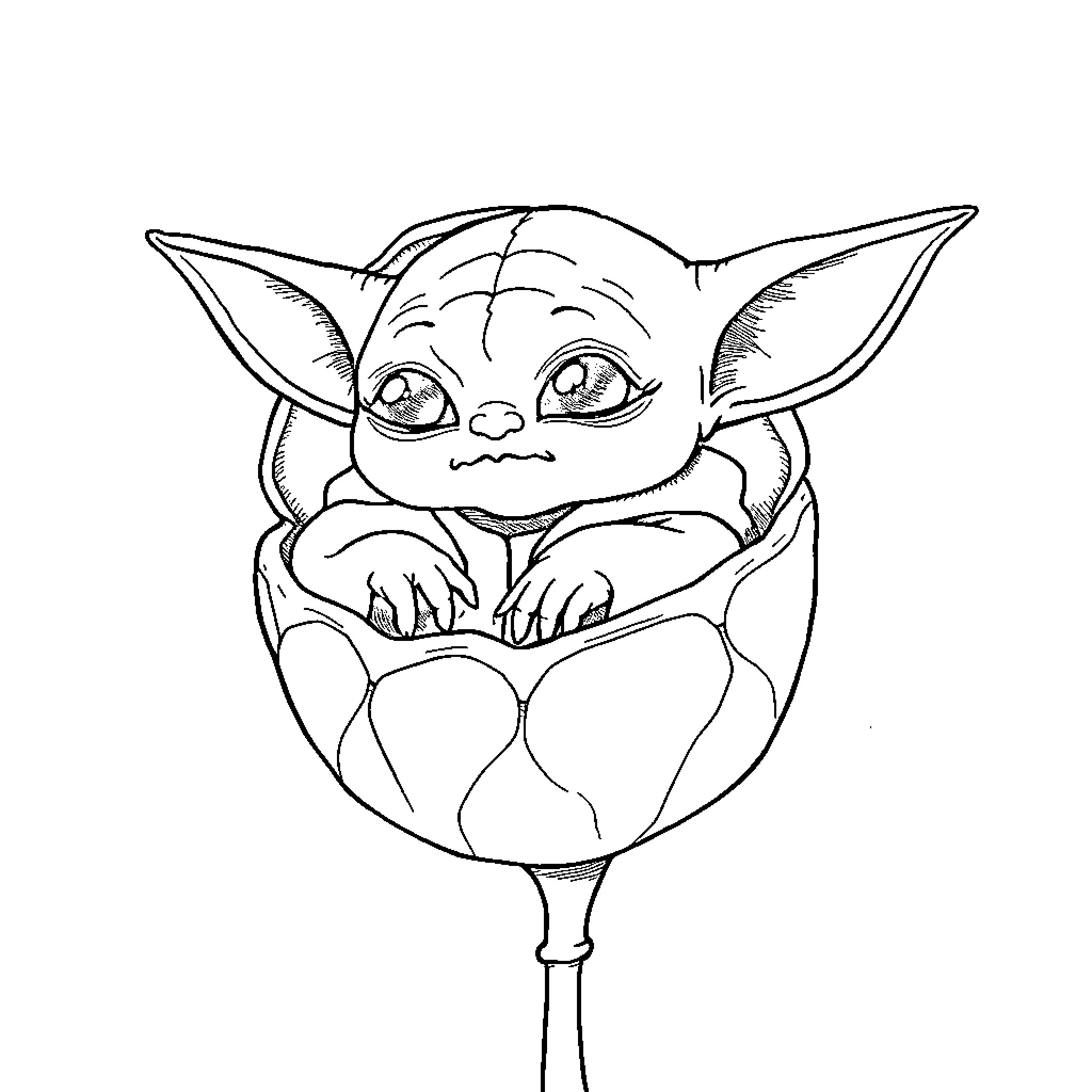 Baby Yoda cutely peeking out of a flower Coloring Page (free black-and-white line drawing printable PDF for all, from beginners to advanced learners, including children, teens, adults, and seniors)