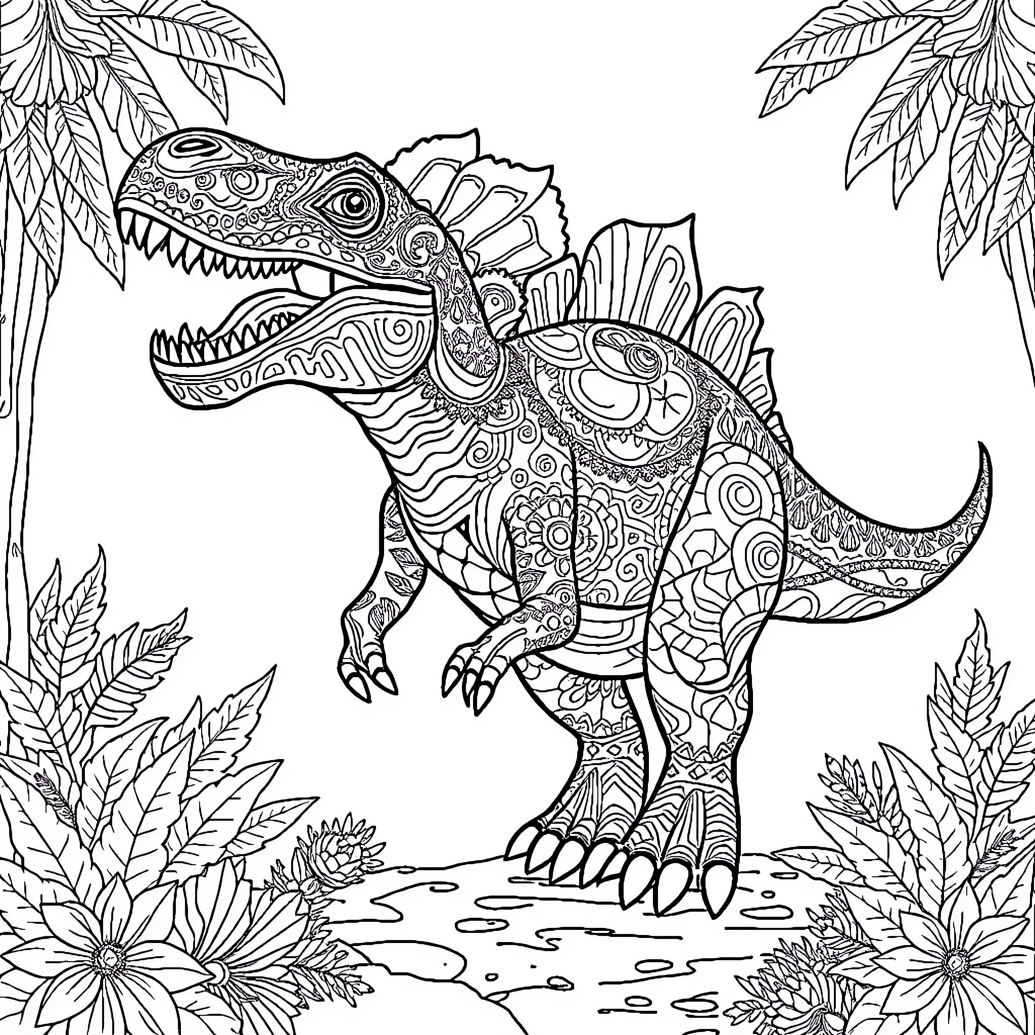 Dinosaur in Jungle Landscape Coloring Page (free black-and-white line drawing printable PDF for all, from beginners to advanced learners, including children, teens, adults, and seniors)