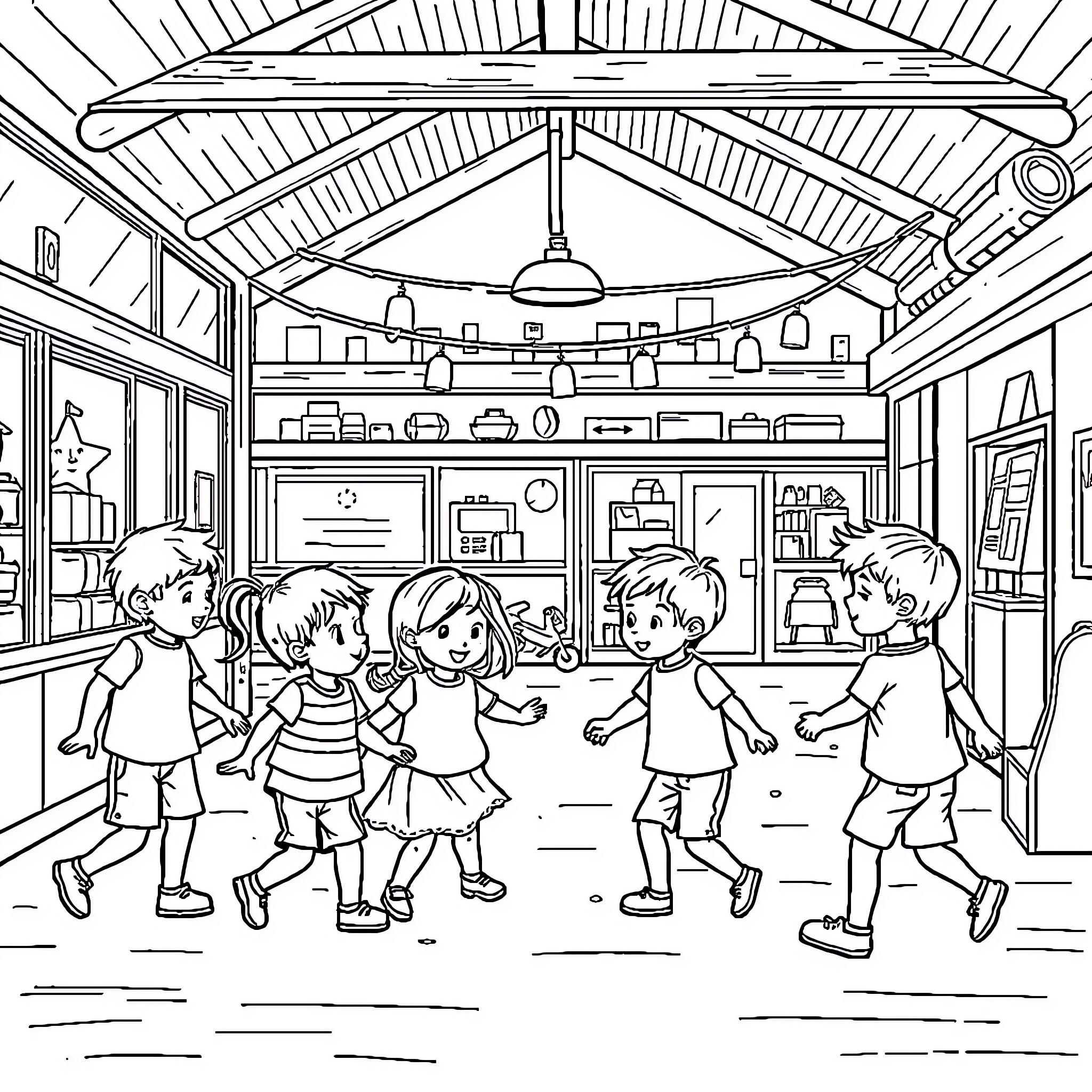 Children playing happily in a cozy classroom Coloring Page (free black-and-white line drawing printable PDF for all, from beginners to advanced learners, including children, teens, adults, and seniors)