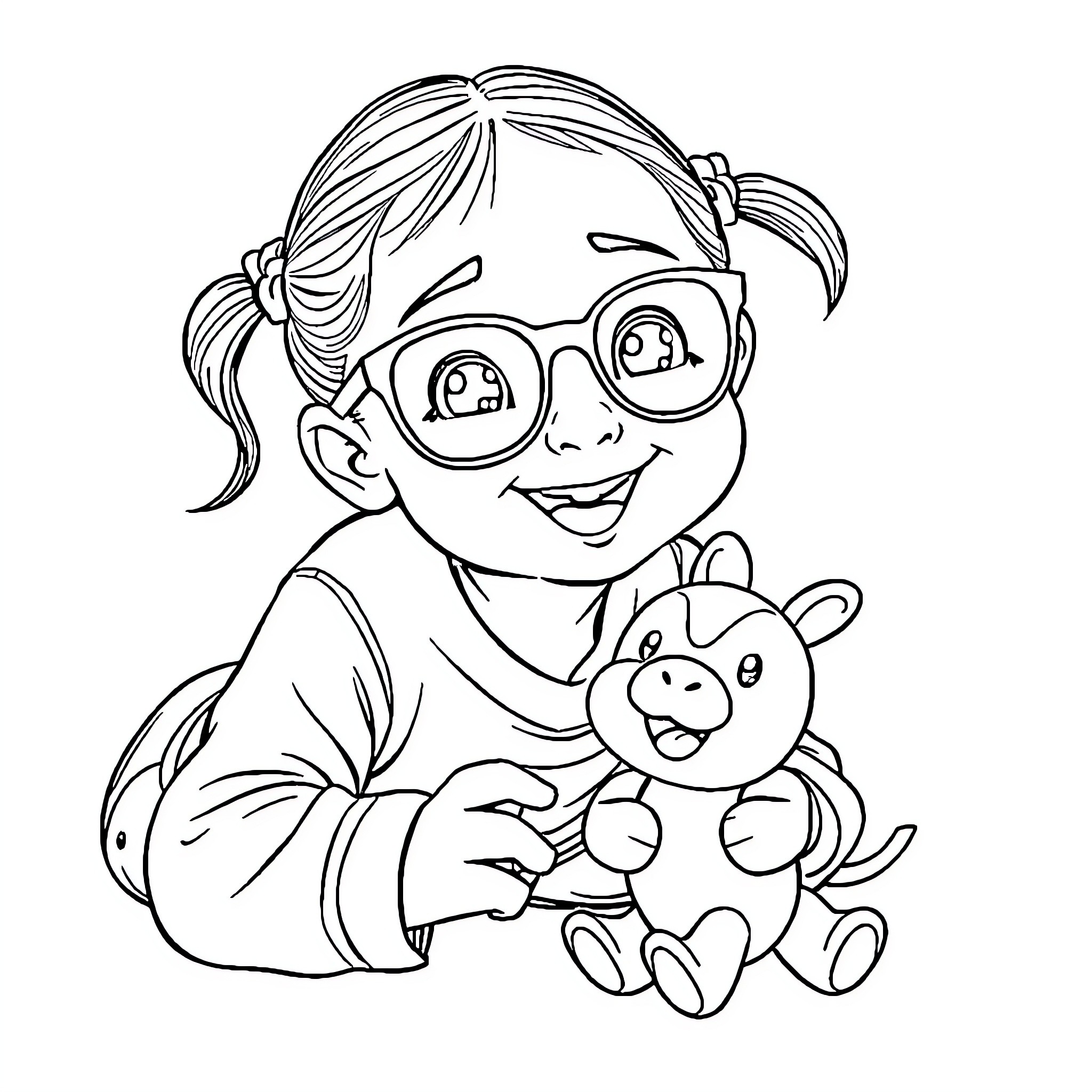 Girl playing with stuffed animal toy Coloring Page (free black-and-white line drawing printable PDF for all, from beginners to advanced learners, including children, teens, adults, and seniors)