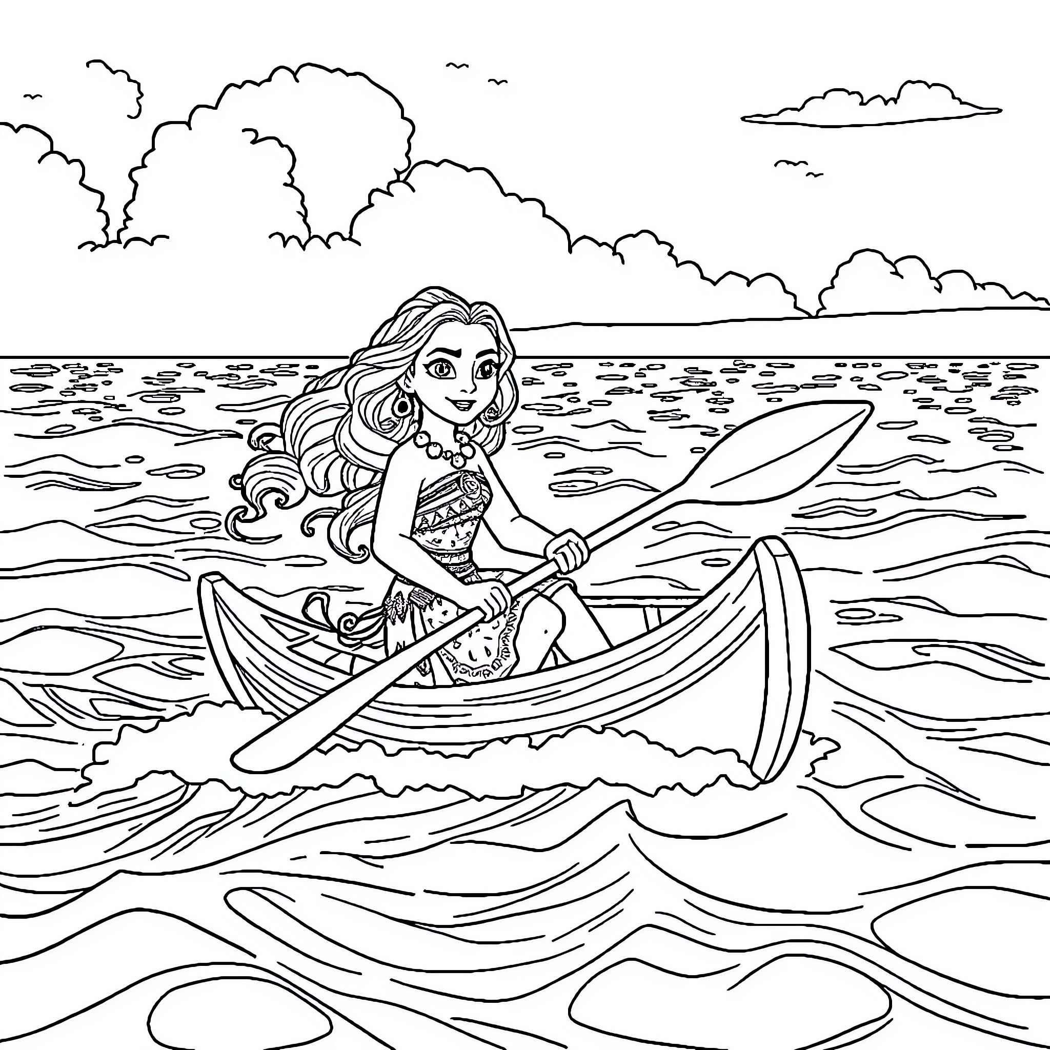 Moana rowing a boat on the ocean Coloring Page (free black-and-white line drawing printable PDF for all, from beginners to advanced learners, including children, teens, adults, and seniors)