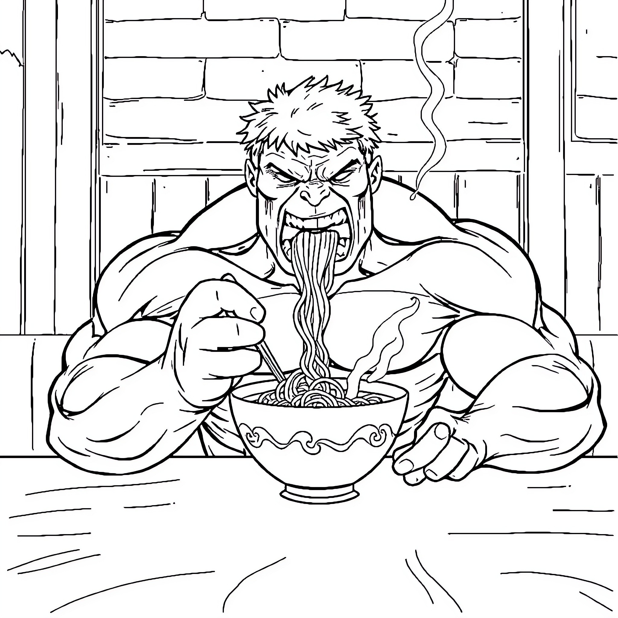 Hulk Fiercely Consuming Noodle Bowl Coloring Page (free black-and-white line drawing printable PDF for all, from beginners to advanced learners, including children, teens, adults, and seniors)