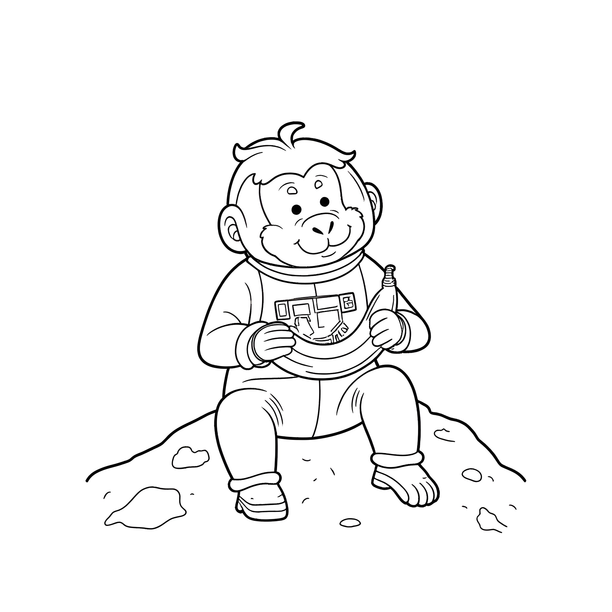 Baboon astronaut exploring the moon Coloring Page (free black-and-white line drawing printable PDF for all, from beginners to advanced learners, including children, teens, adults, and seniors)
