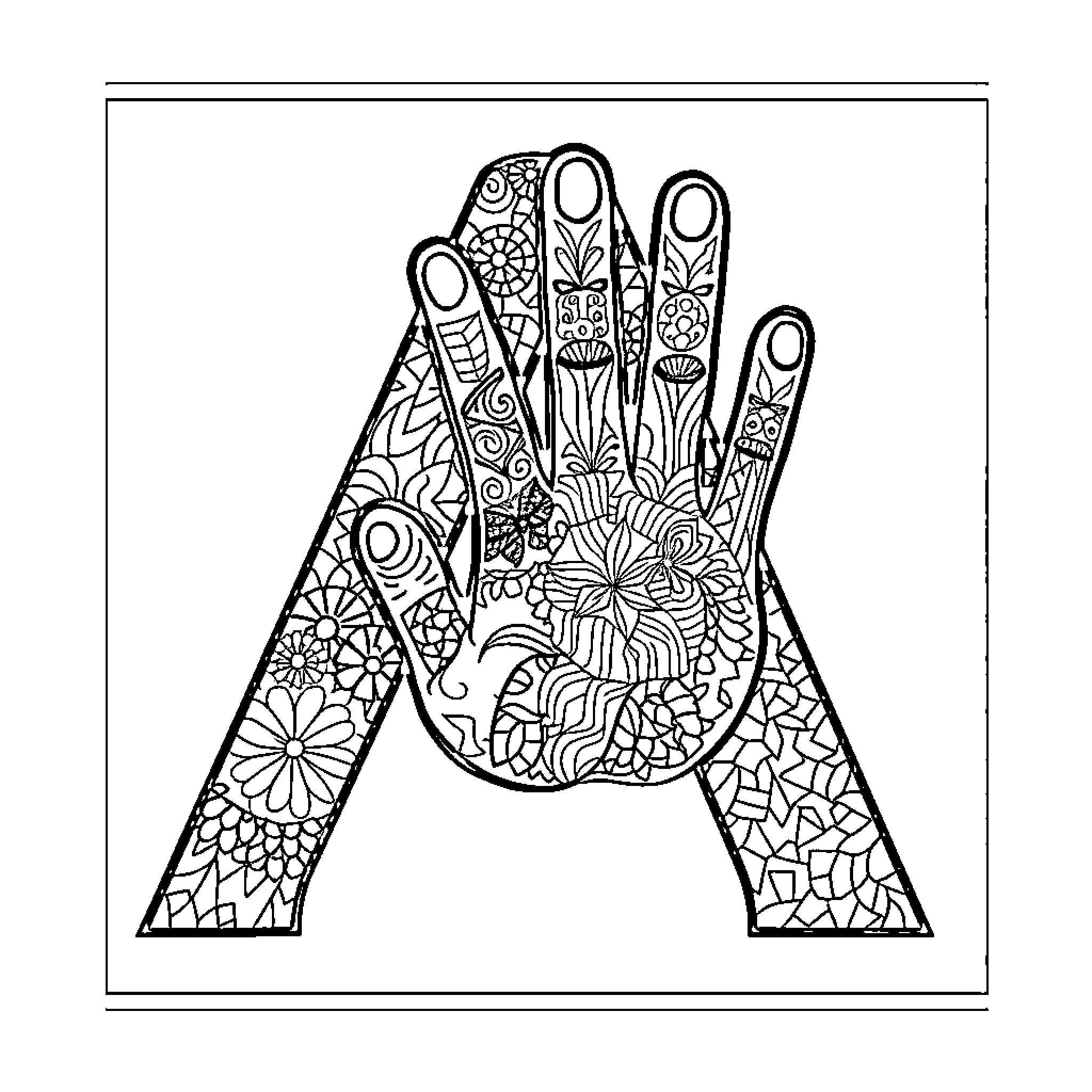 Letter A with Intricate Floral Patterns Coloring Page (free black-and-white line drawing printable PDF for all, from beginners to advanced learners, including children, teens, adults, and seniors)
