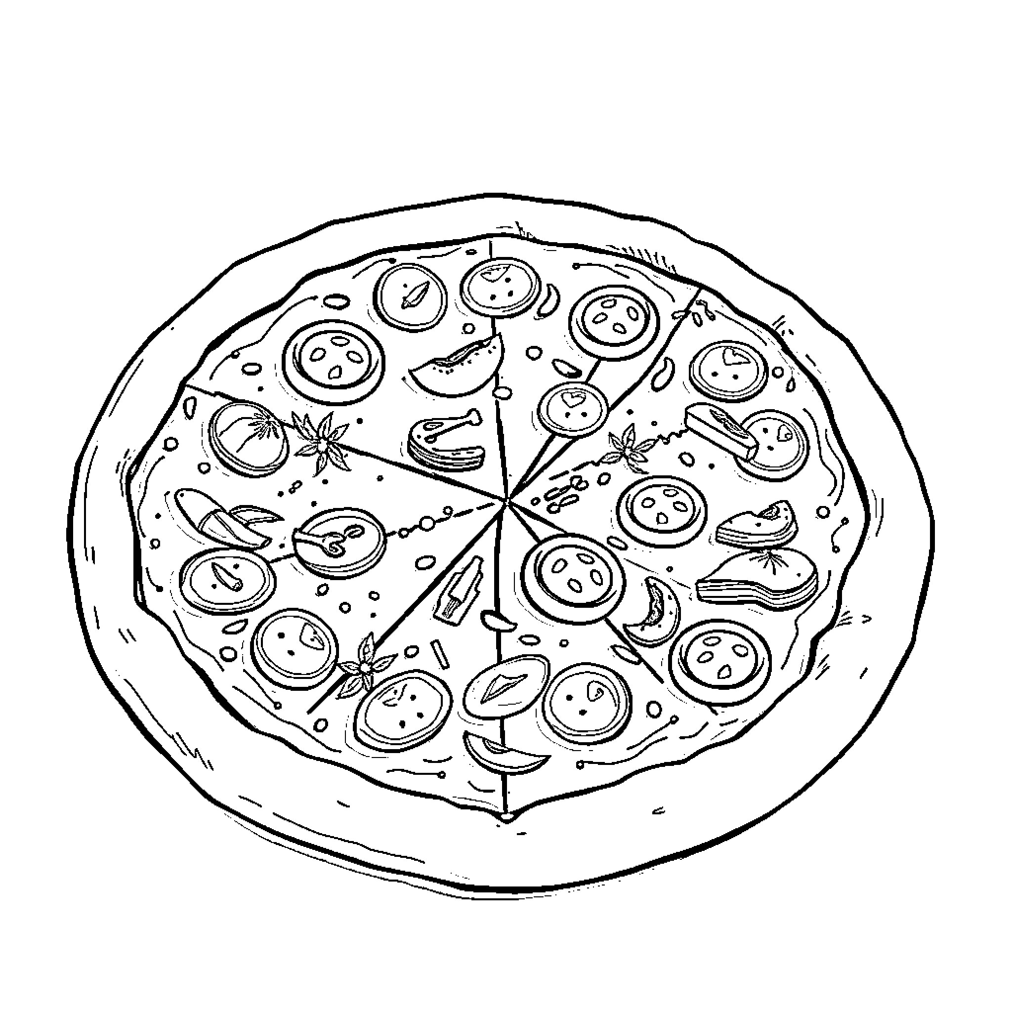 Pizza with Playful Toppings Coloring Page (free black-and-white line drawing printable PDF for all, from beginners to advanced learners, including children, teens, adults, and seniors)