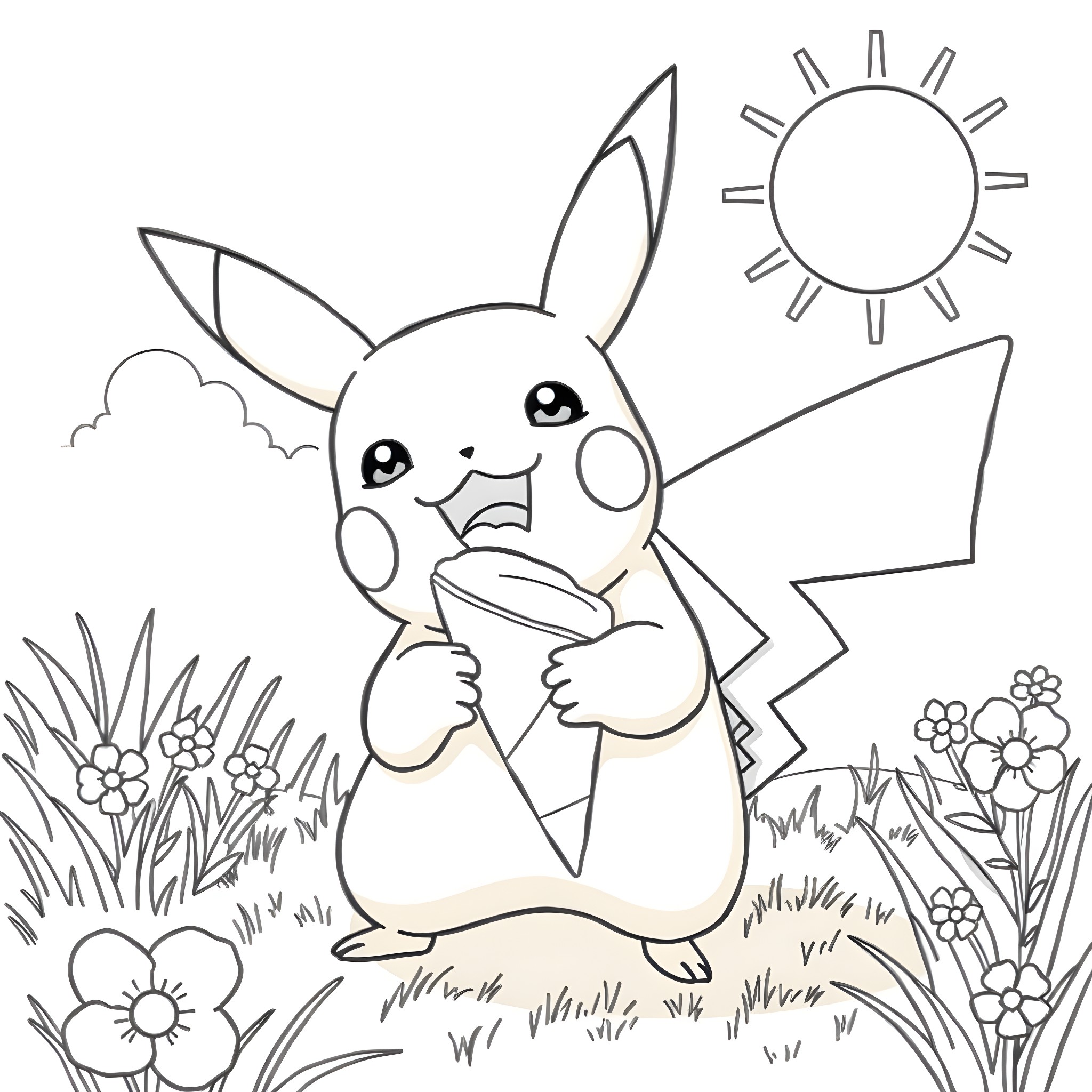 Pikachu enjoying a sunny day in nature Coloring Page (free black-and-white line drawing printable PDF for all, from beginners to advanced learners, including children, teens, adults, and seniors)