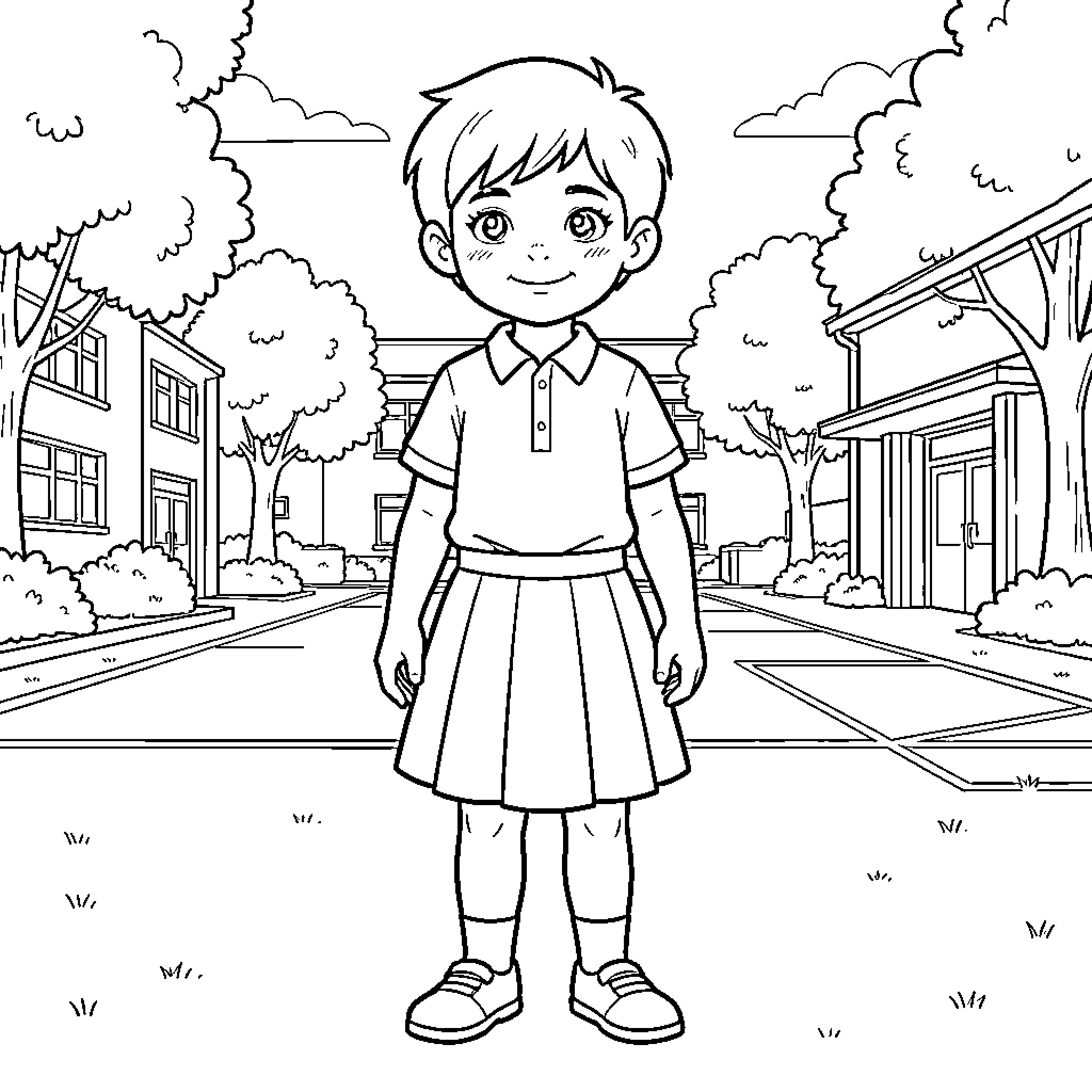 Junge in school uniform standing in a street Coloring Page (free black-and-white line drawing printable PDF for all, from beginners to advanced learners, including children, teens, adults, and seniors)