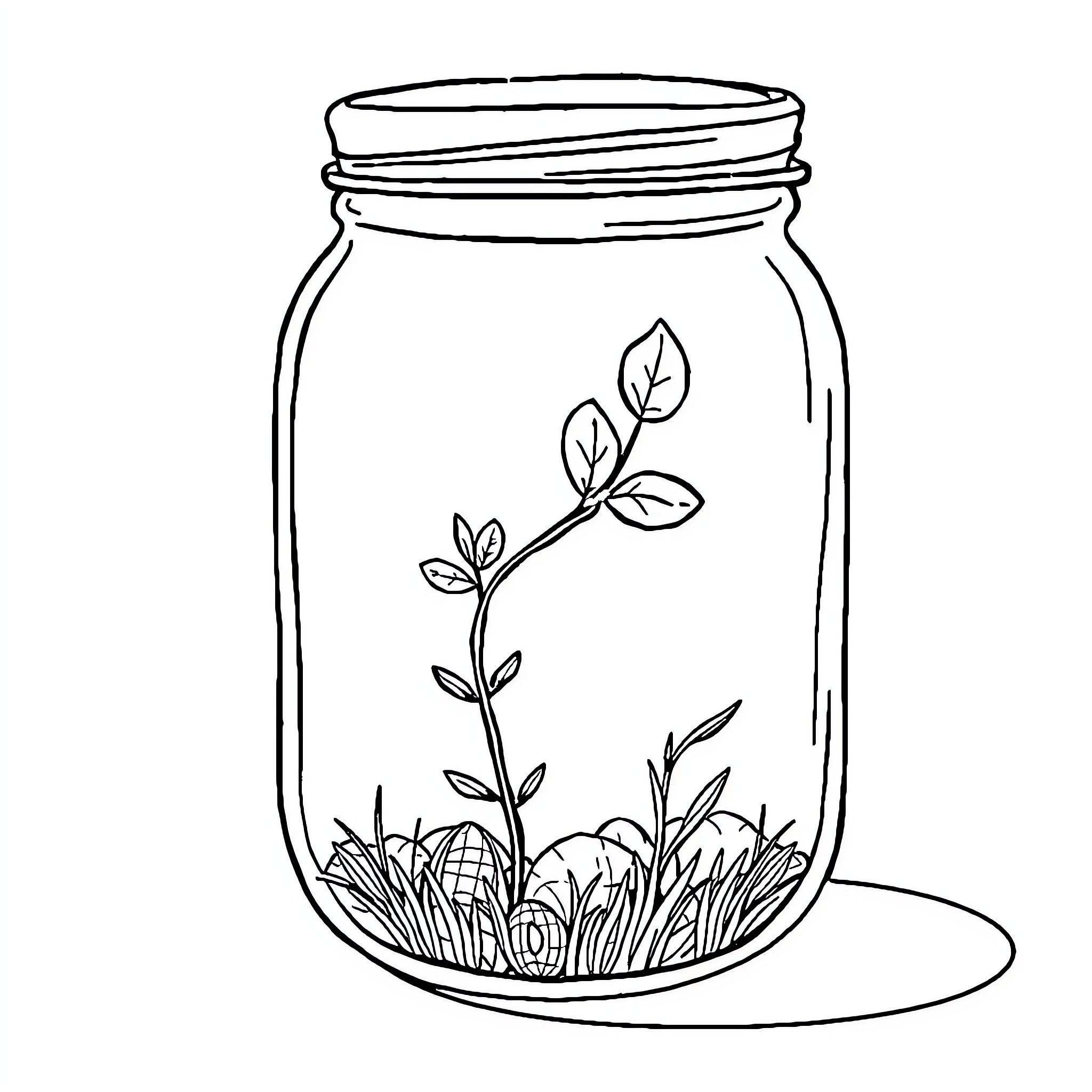 Jar with plant growing inside Coloring Page (free black-and-white line drawing printable PDF for all, from beginners to advanced learners, including children, teens, adults, and seniors)