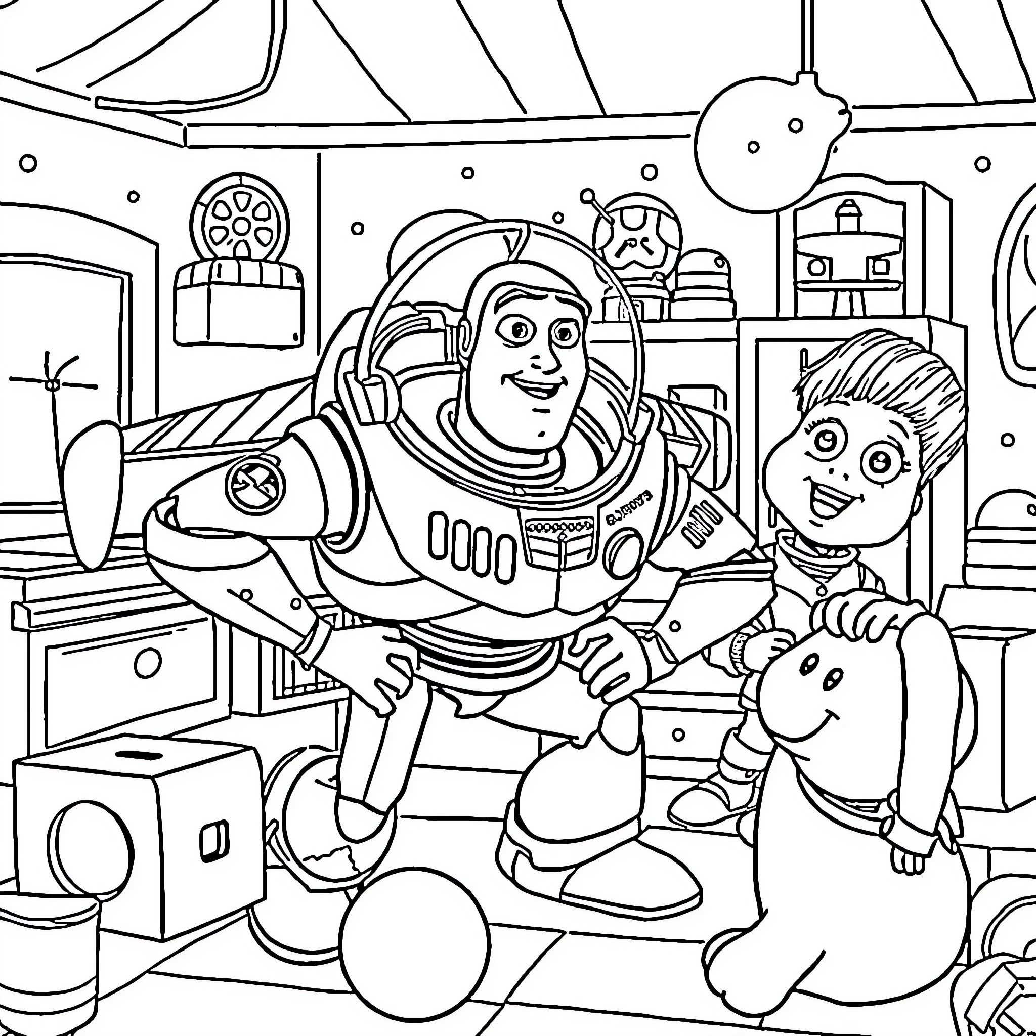 Buzz Lightyear's Exciting Space Adventure Coloring Page (free black-and-white line drawing printable PDF for all, from beginners to advanced learners, including children, teens, adults, and seniors)