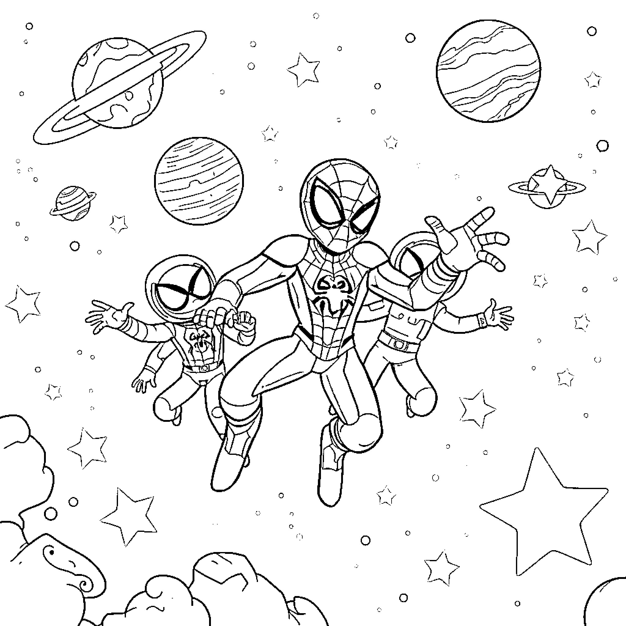 Spider-Man swinging through the cosmic galaxy Coloring Page (free black-and-white line drawing printable PDF for all, from beginners to advanced learners, including children, teens, adults, and seniors)