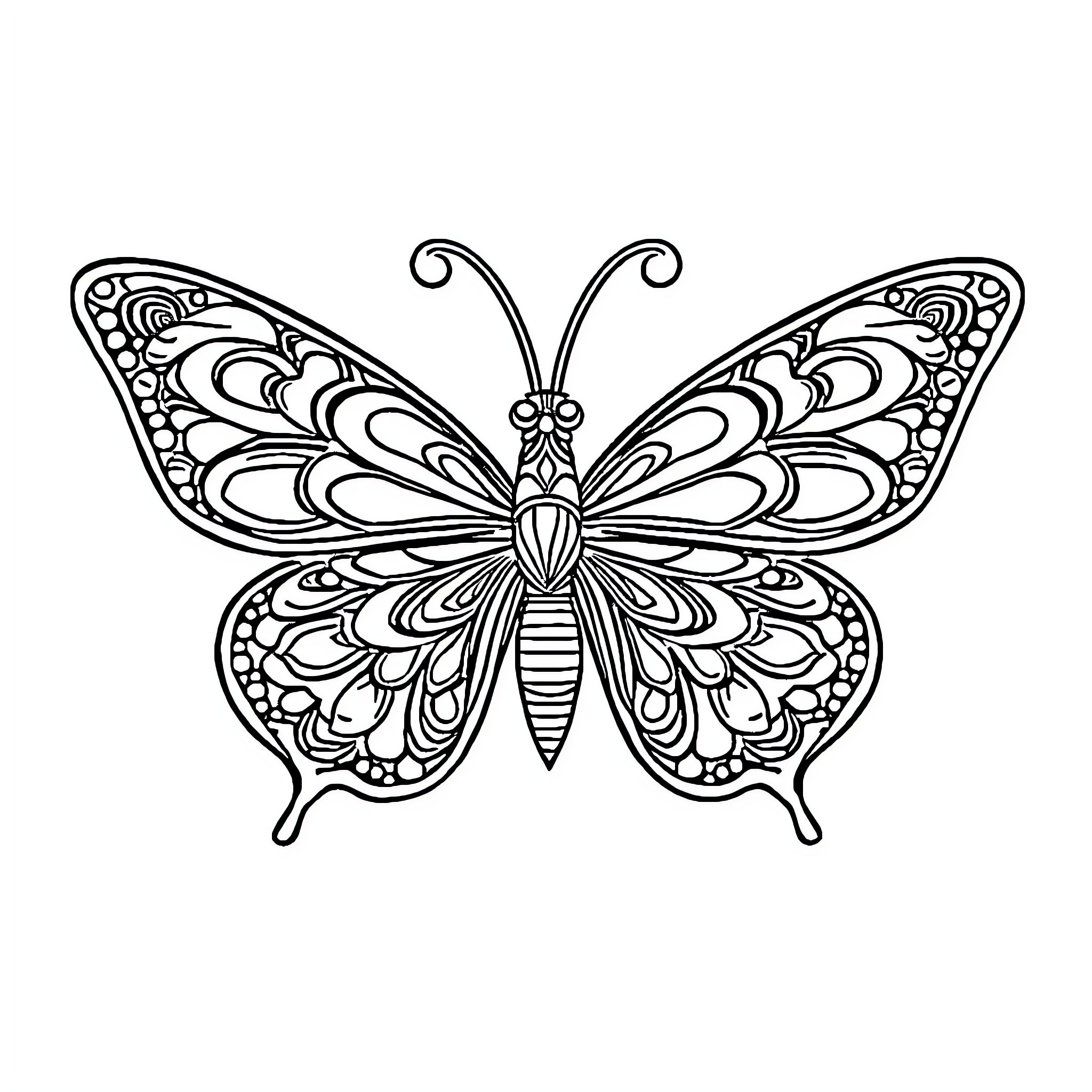 Butterfly with intricate wing patterns Coloring Page (free black-and-white line drawing printable PDF for all, from beginners to advanced learners, including children, teens, adults, and seniors)