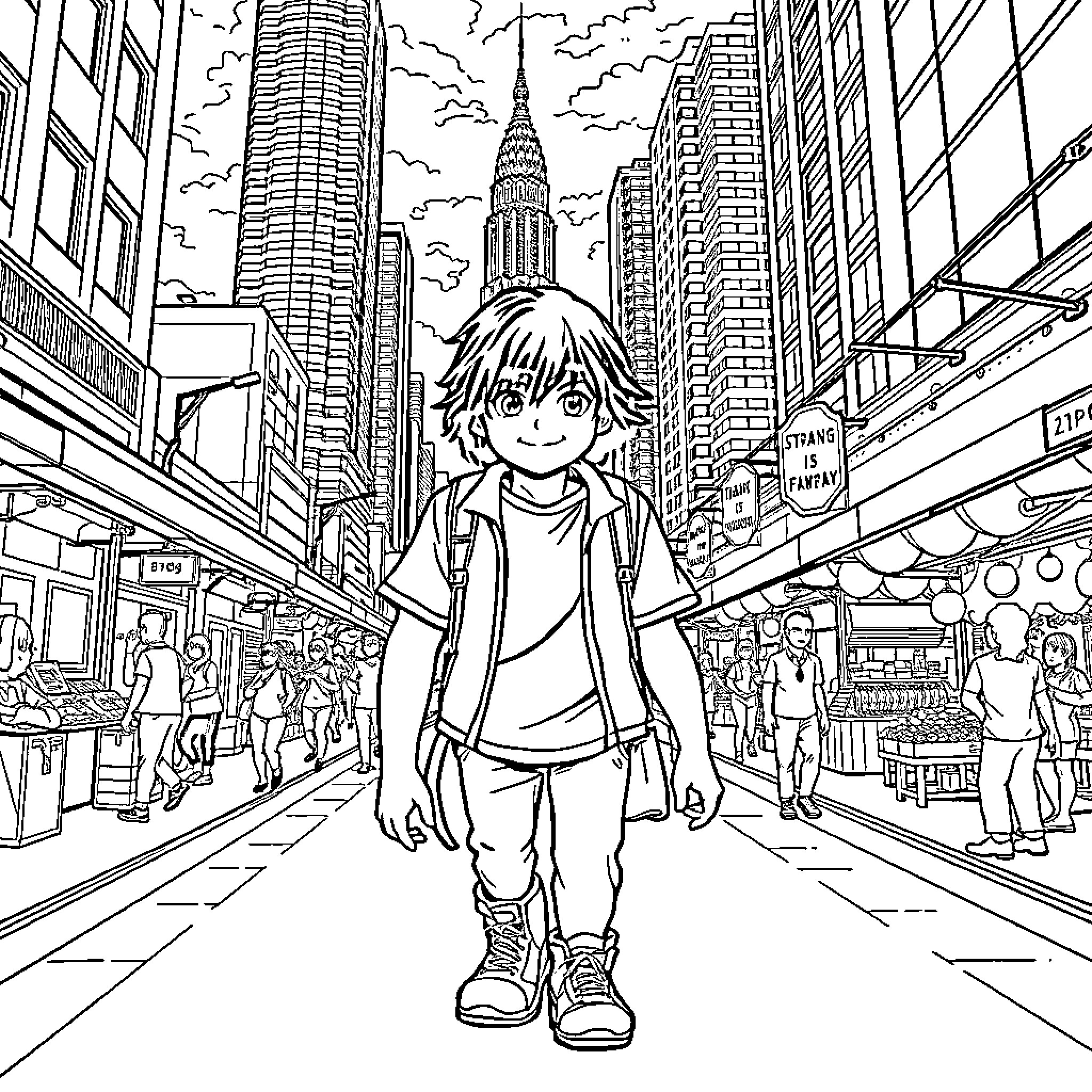 Eleven walking through a busy city street Coloring Page (free black-and-white line drawing printable PDF for all, from beginners to advanced learners, including children, teens, adults, and seniors)
