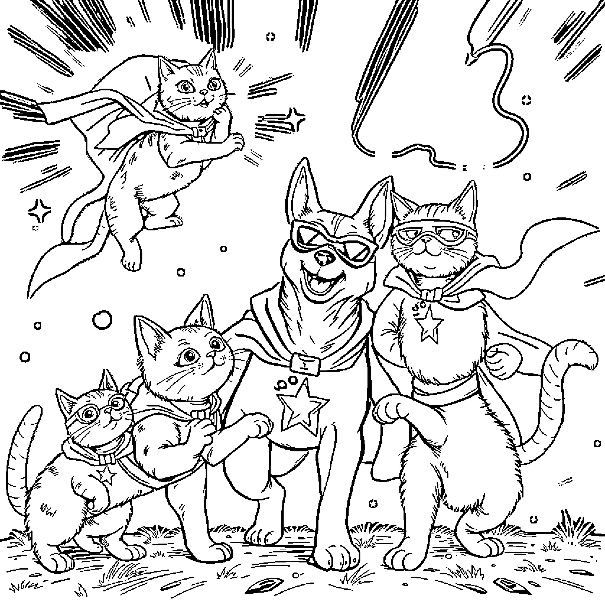 Dogs dressed up as superheroes playing together Coloring Page (free black-and-white line drawing printable PDF for all, from beginners to advanced learners, including children, teens, adults, and seniors)