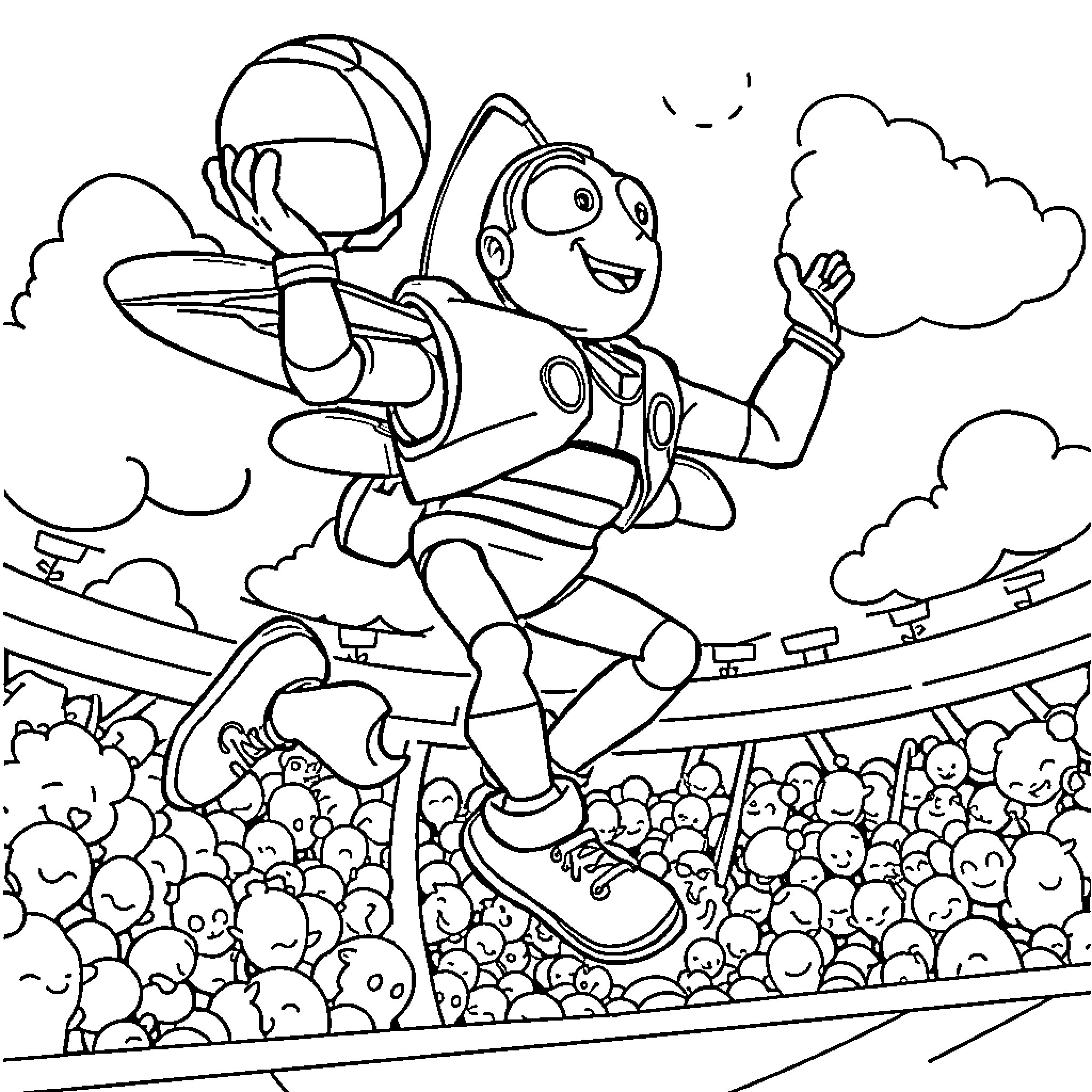 Basketball player with jetpack soaring over crowd Coloring Page (free black-and-white line drawing printable PDF for all, from beginners to advanced learners, including children, teens, adults, and seniors)