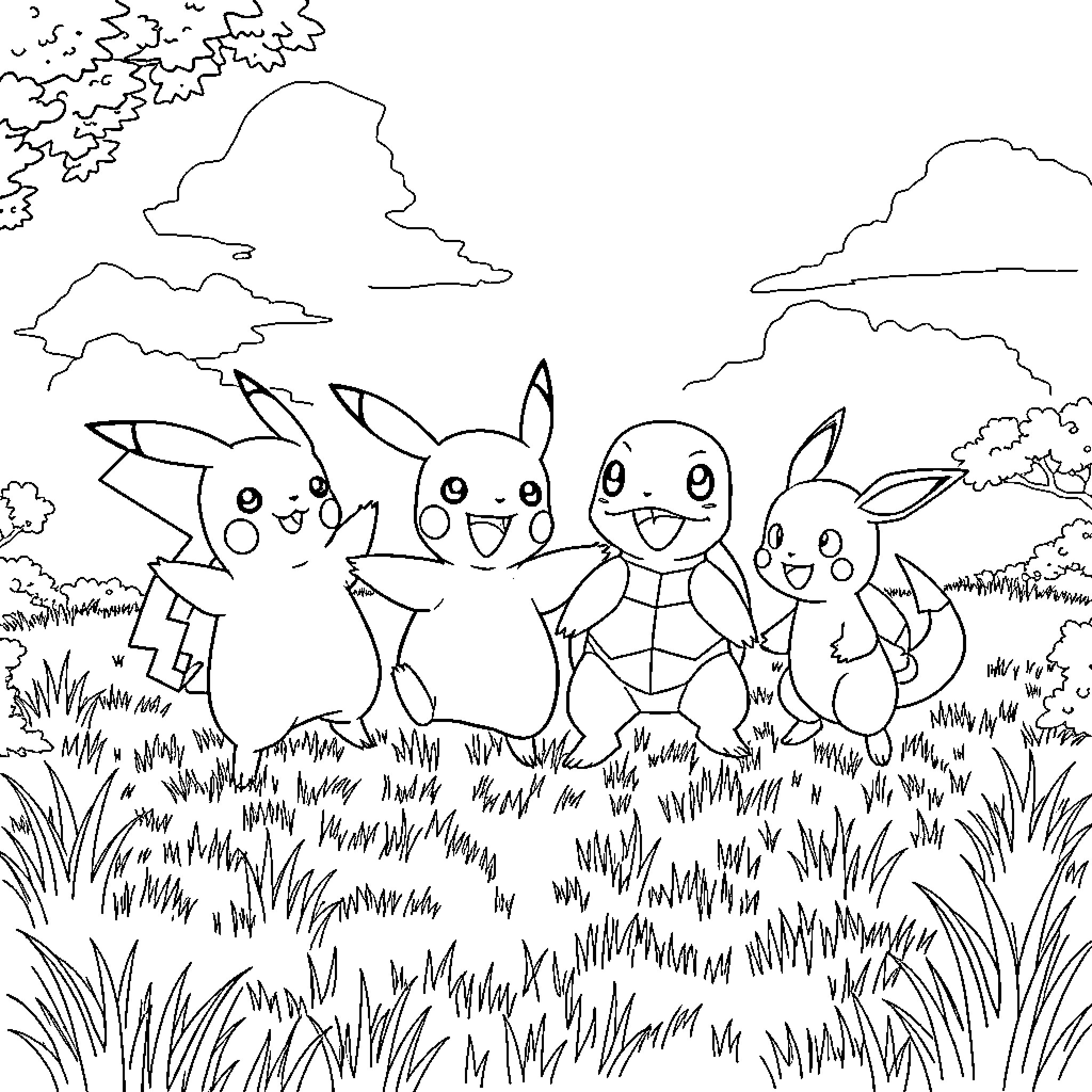 Pokémon characters playing happily in a field Coloring Page (free black-and-white line drawing printable PDF for all, from beginners to advanced learners, including children, teens, adults, and seniors)