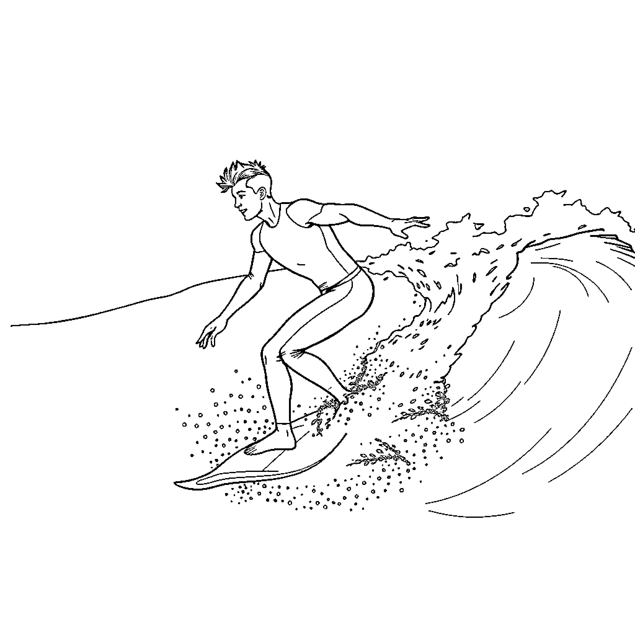 Surfer riding the wave with skill and grace Coloring Page (free black-and-white line drawing printable PDF for all, from beginners to advanced learners, including children, teens, adults, and seniors)