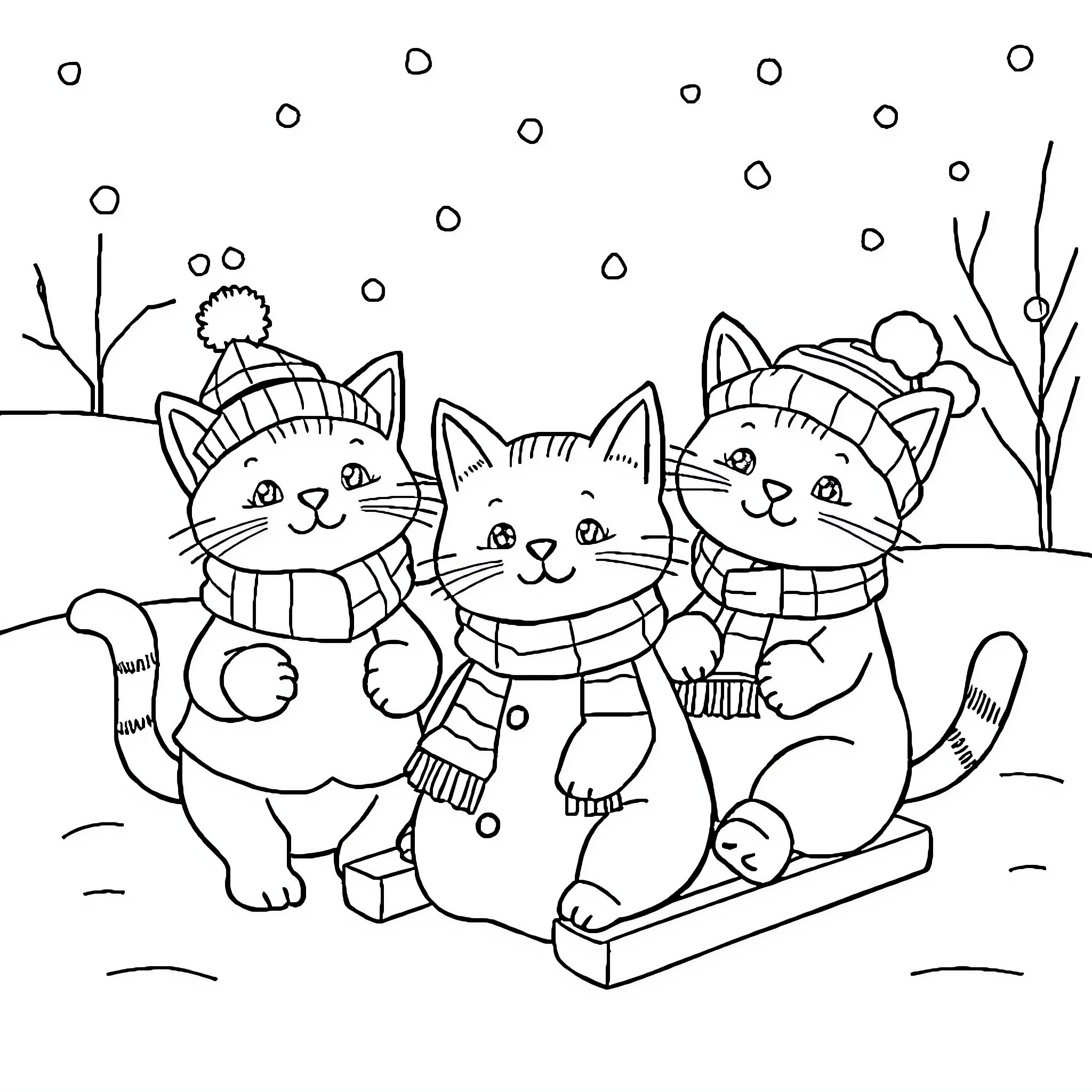 Cats playing in the snow Coloring Page (free black-and-white line drawing printable PDF for all, from beginners to advanced learners, including children, teens, adults, and seniors)