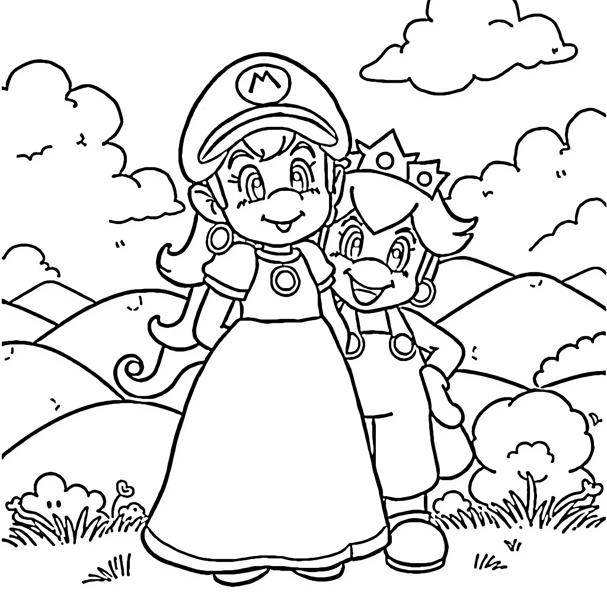 Peach and Toadsworth exploring the lush landscape Coloring Page (free black-and-white line drawing printable PDF for all, from beginners to advanced learners, including children, teens, adults, and seniors)
