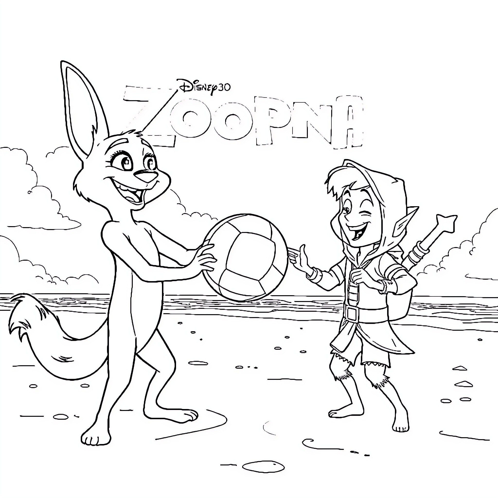 Nick and Judy playing with a ball on the beach Coloring Page (free black-and-white line drawing printable PDF for all, from beginners to advanced learners, including children, teens, adults, and seniors)