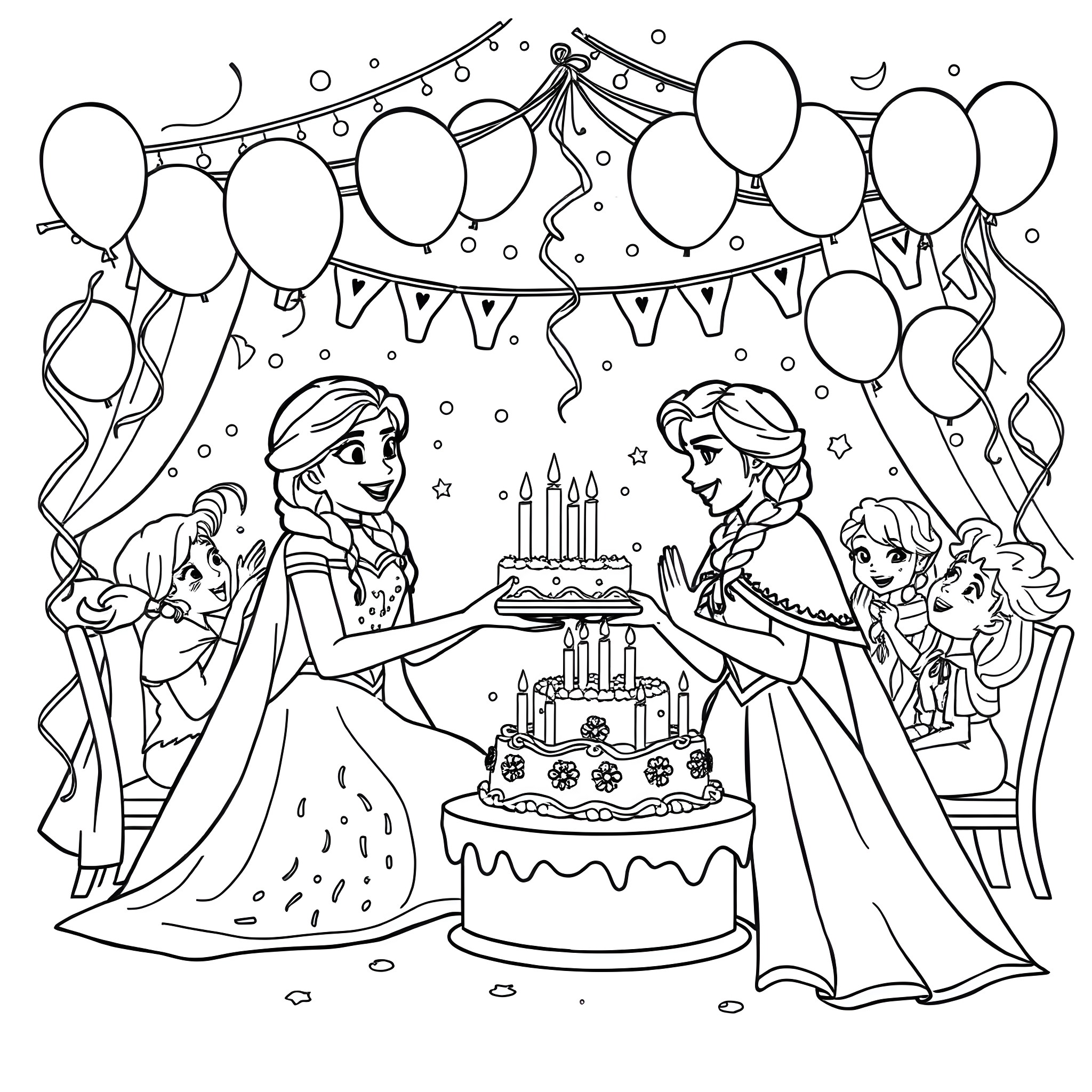 Anna and Elsa celebrate a birthday party with balloons and cake Coloring Page (free black-and-white line drawing printable PDF for all, from beginners to advanced learners, including children, teens, adults, and seniors)