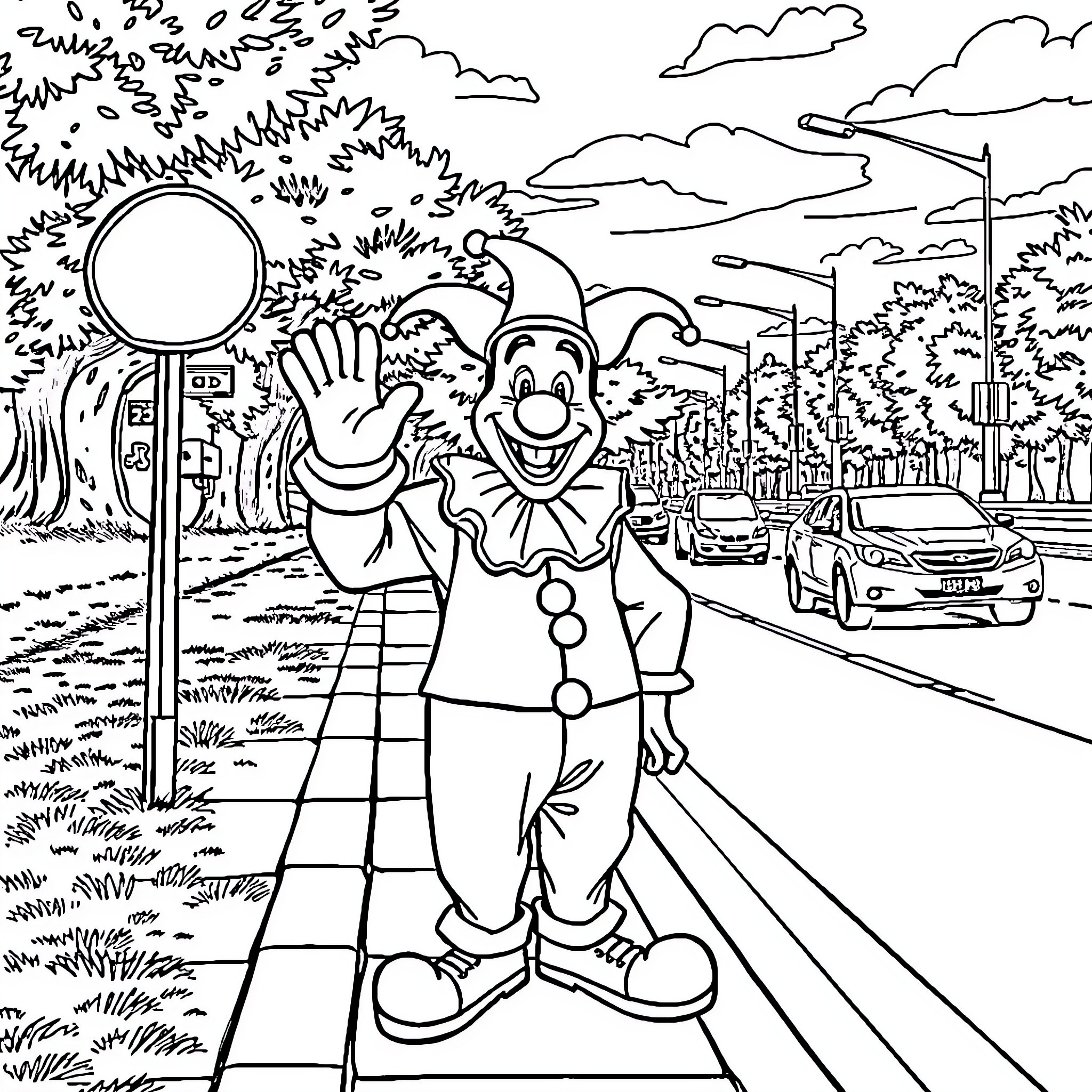 Clown waving joyfully on a city street Coloring Page (free black-and-white line drawing printable PDF for all, from beginners to advanced learners, including children, teens, adults, and seniors)