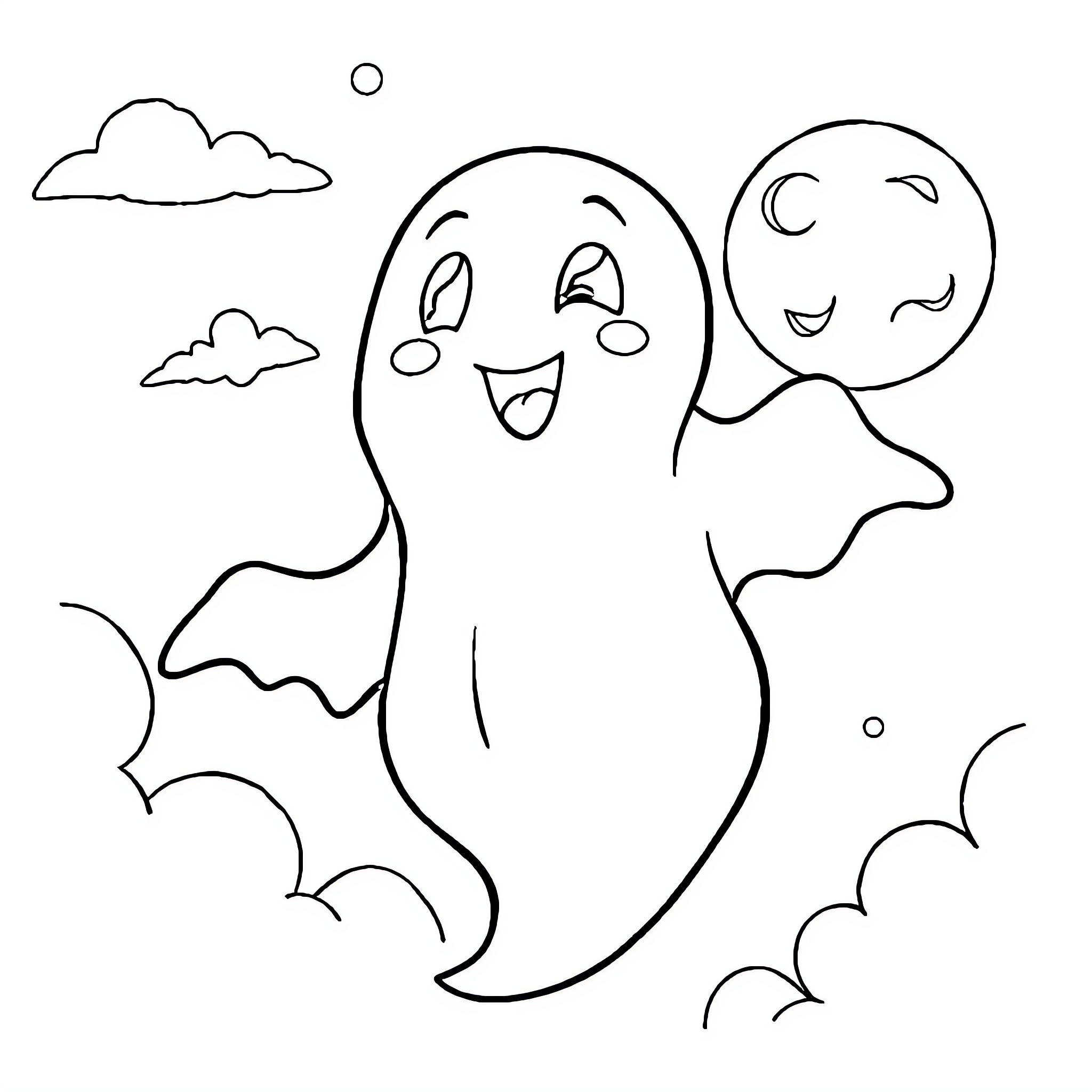 Ghost playing happily in the sky Coloring Page (free black-and-white line drawing printable PDF for all, from beginners to advanced learners, including children, teens, adults, and seniors)