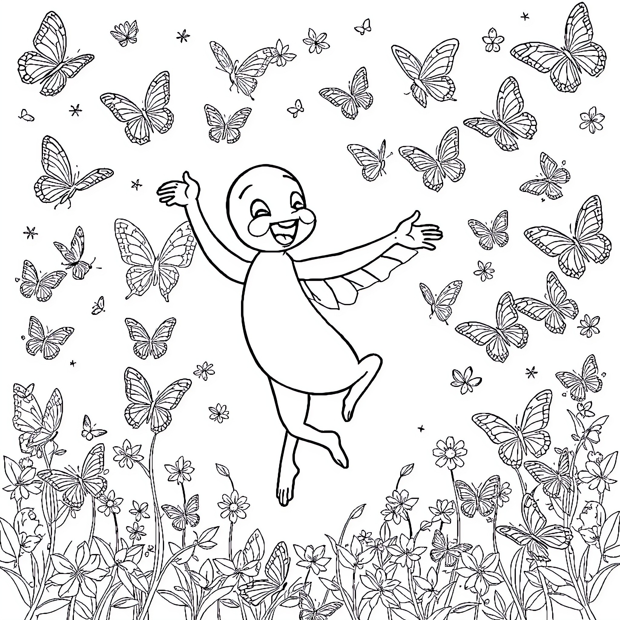 Bluey dancing among butterflies and flowers Coloring Page (free black-and-white line drawing printable PDF for all, from beginners to advanced learners, including children, teens, adults, and seniors)