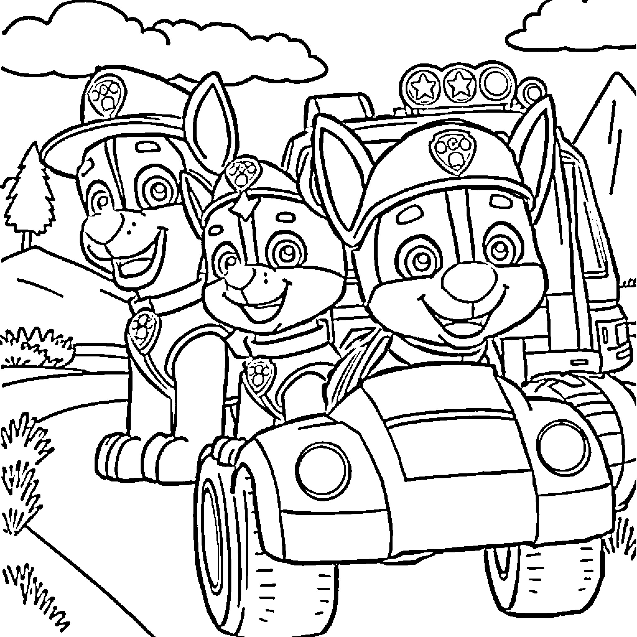 Paw Patrol characters exploring the outdoors in vehicles Coloring Page (free black-and-white line drawing printable PDF for all, from beginners to advanced learners, including children, teens, adults, and seniors)