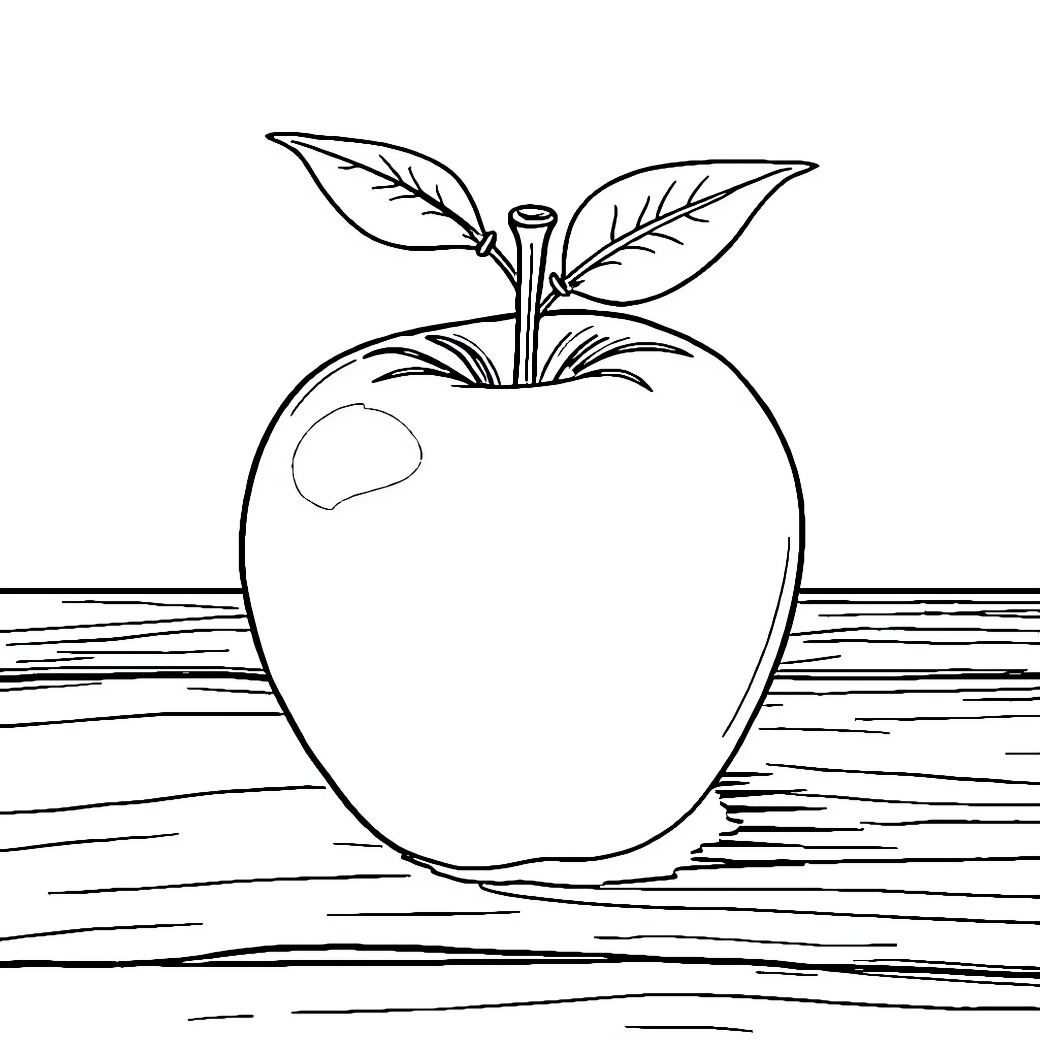 Apple on a wooden surface Coloring Page (free black-and-white line drawing printable PDF for all, from beginners to advanced learners, including children, teens, adults, and seniors)